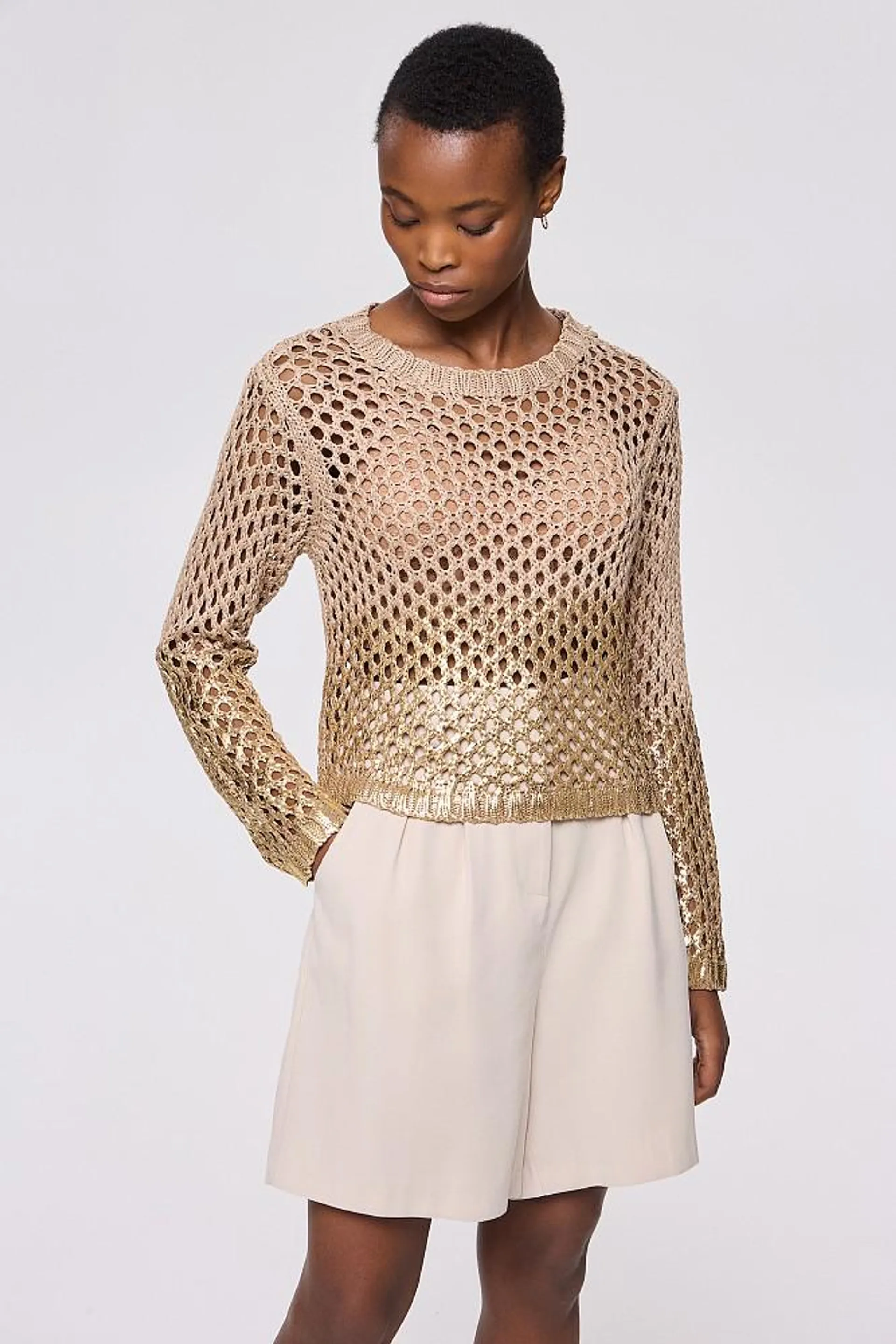 Crop sweater with lurex hemline