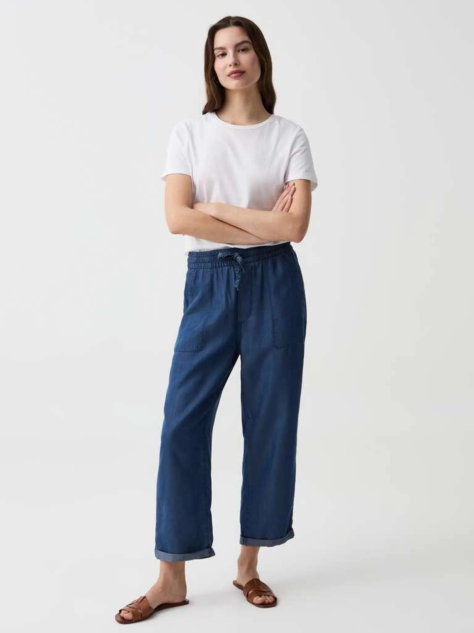 Denim Blue Wide-leg denim-effect joggers with turn-ups