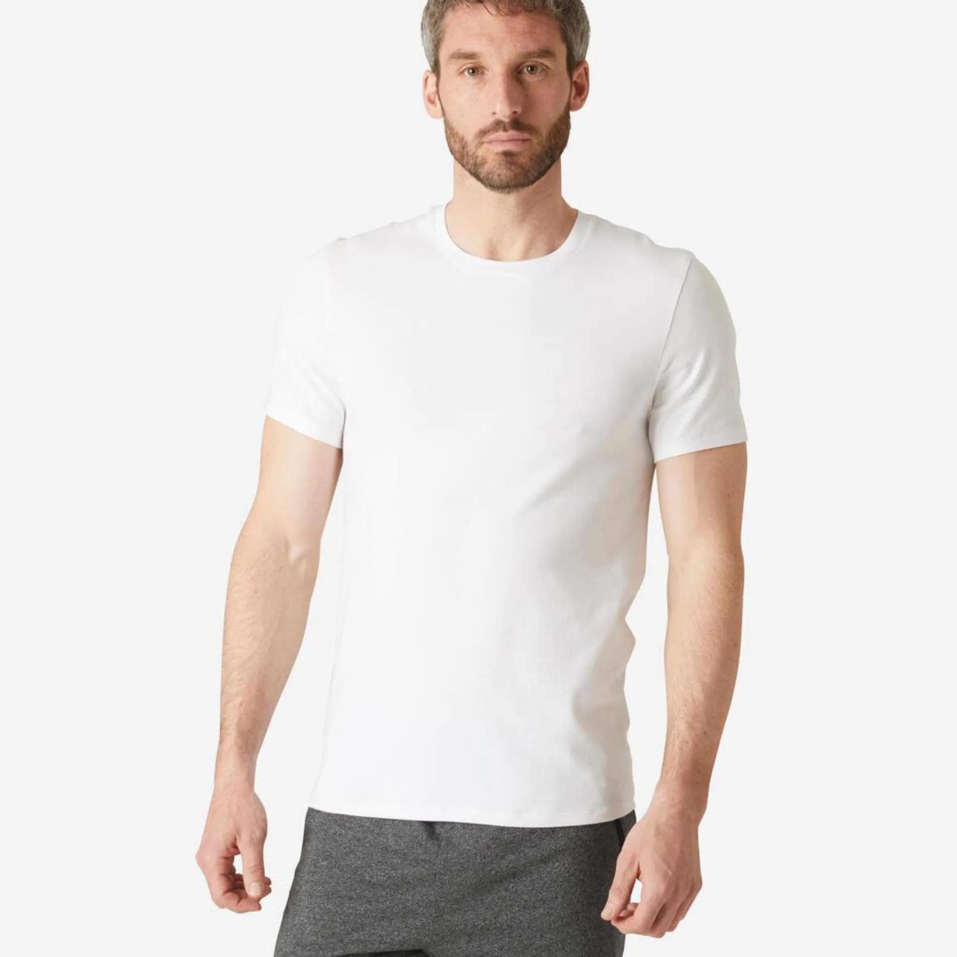 POLERA FITNESS HOMBRE 500 BLANCO SLIM