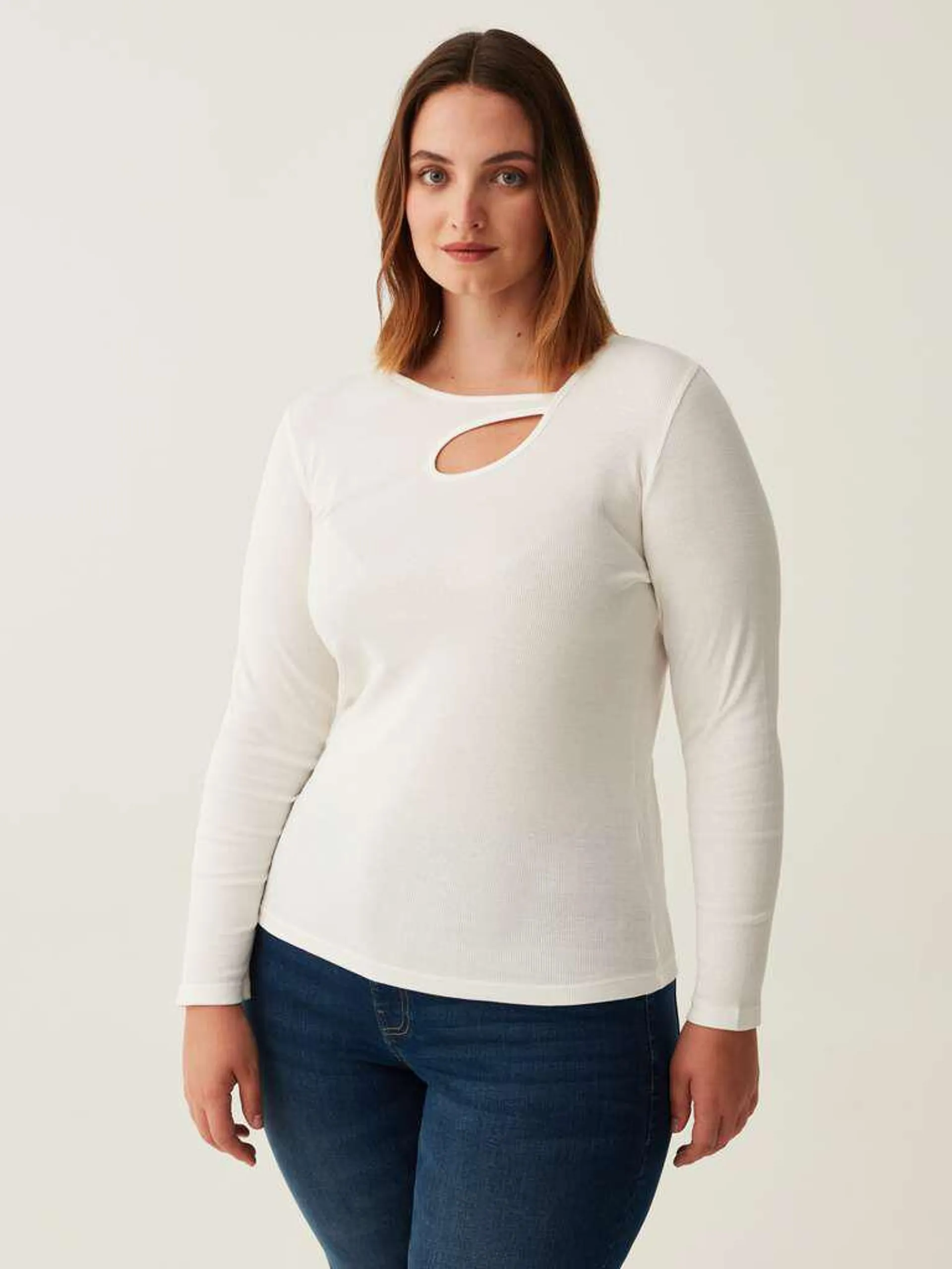 Optical White Curvy ribbed T-shirt with cut out detail