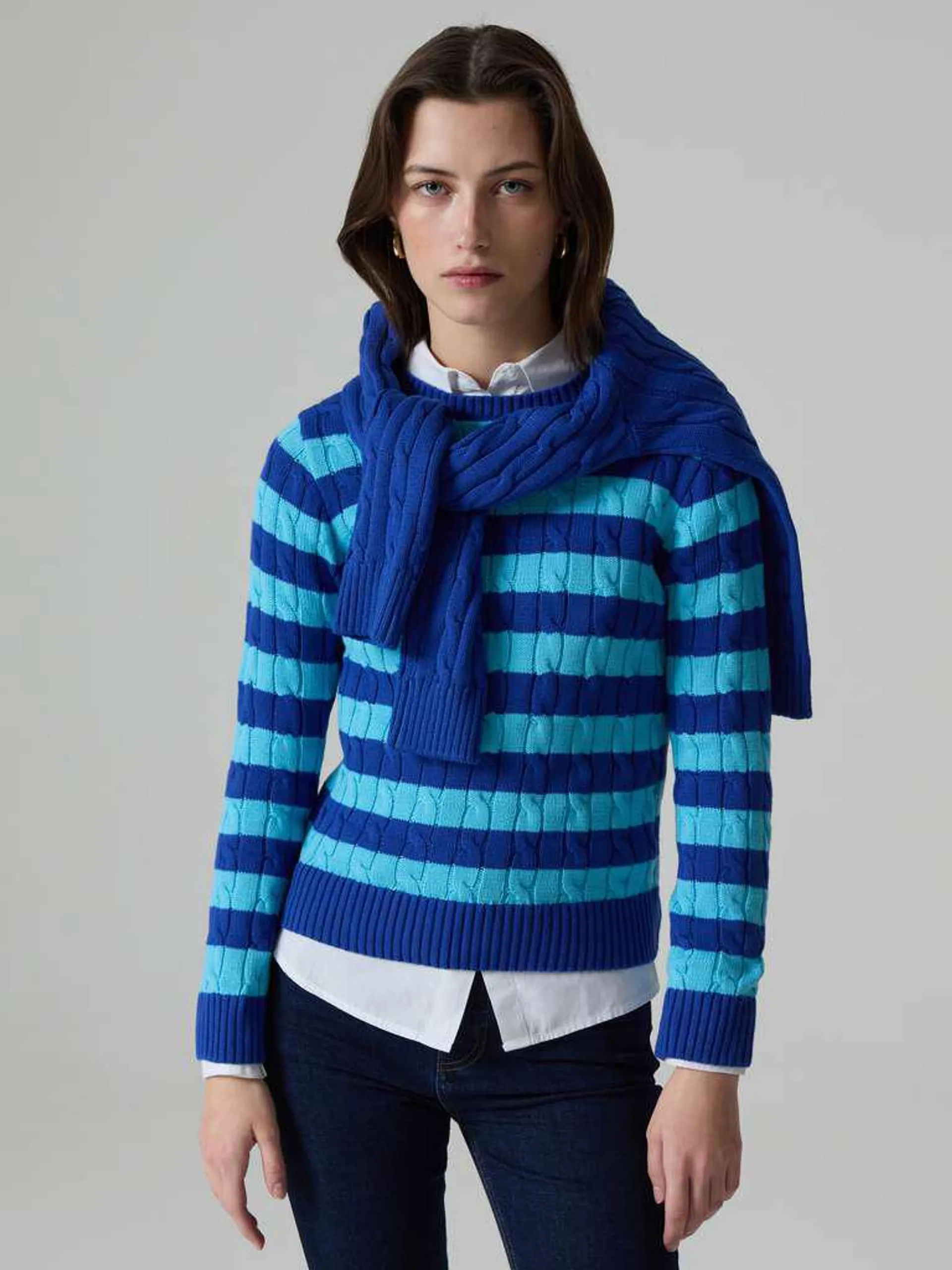 Blue/Light Blue Striped pullover with cable-knit design