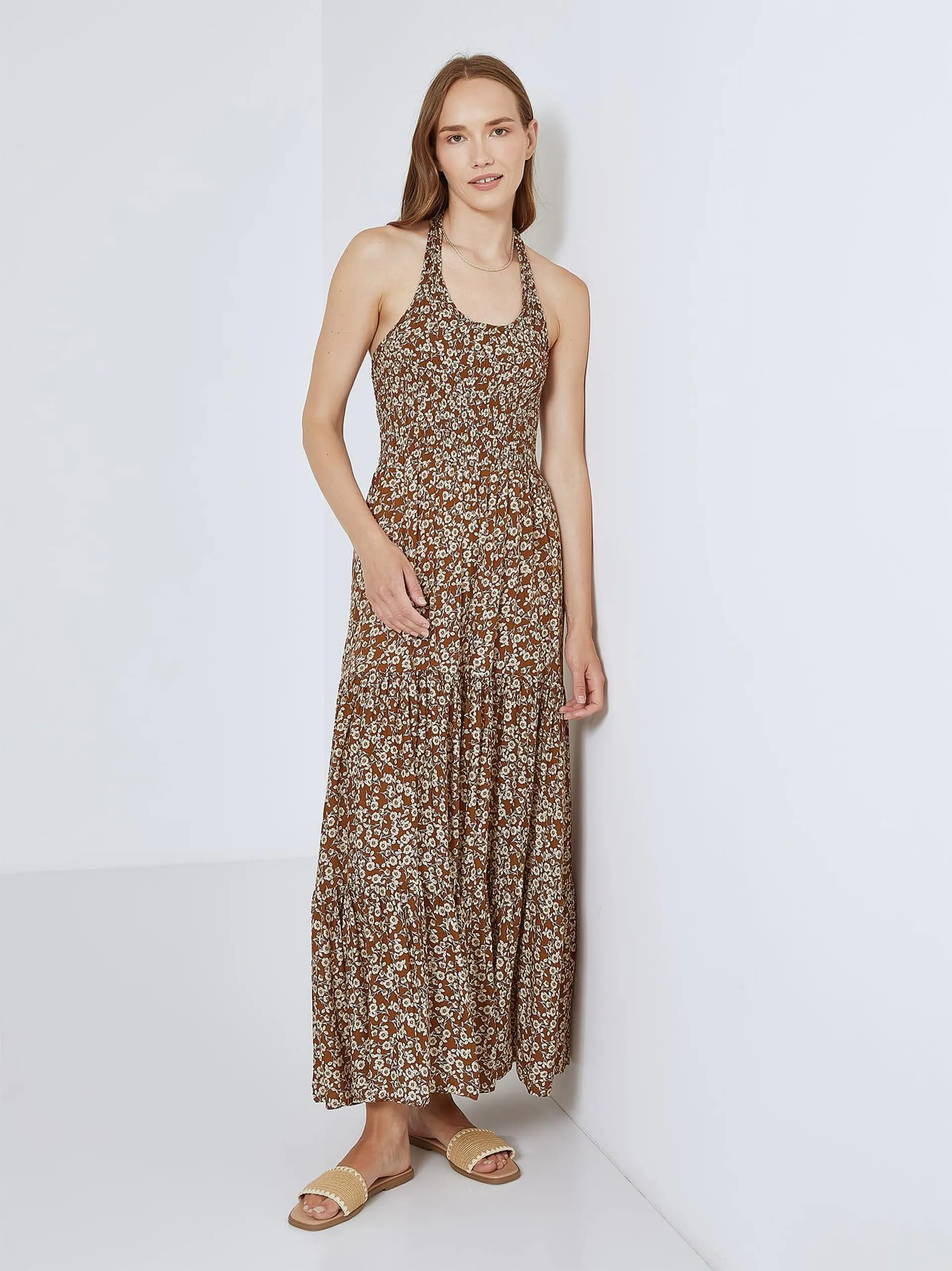 Floral maxi φόρεμα σε καφέ