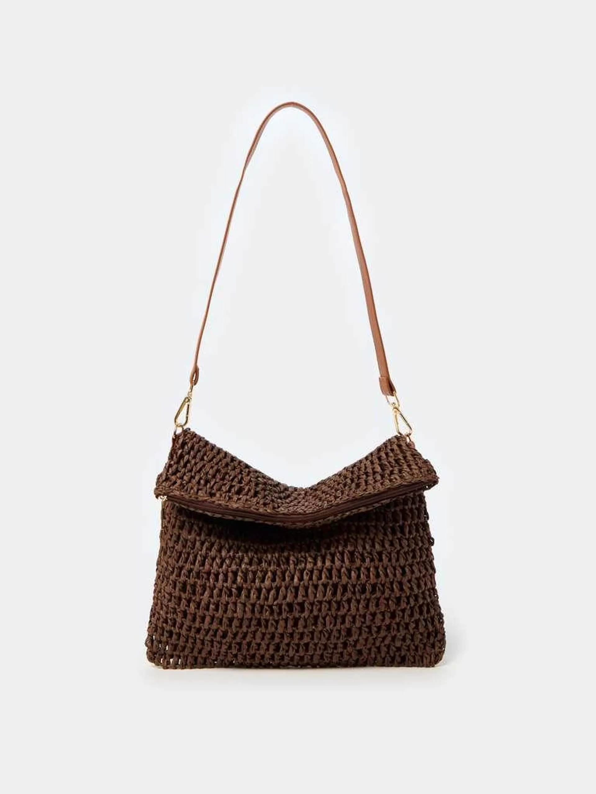 Raffia bag with shoulder strap Brun tabac