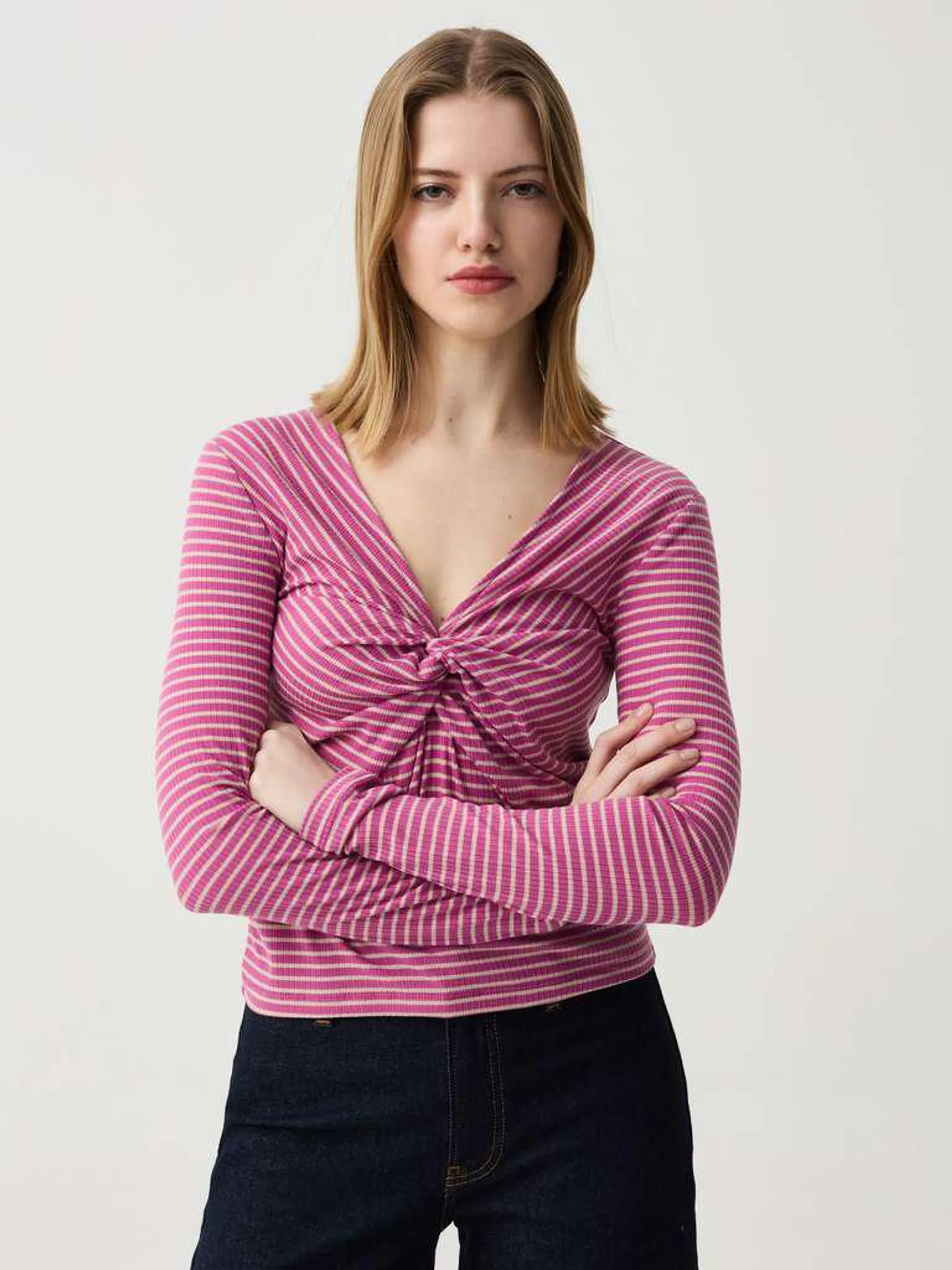 Beige/Pink Striped T-shirt with long sleeves and knot