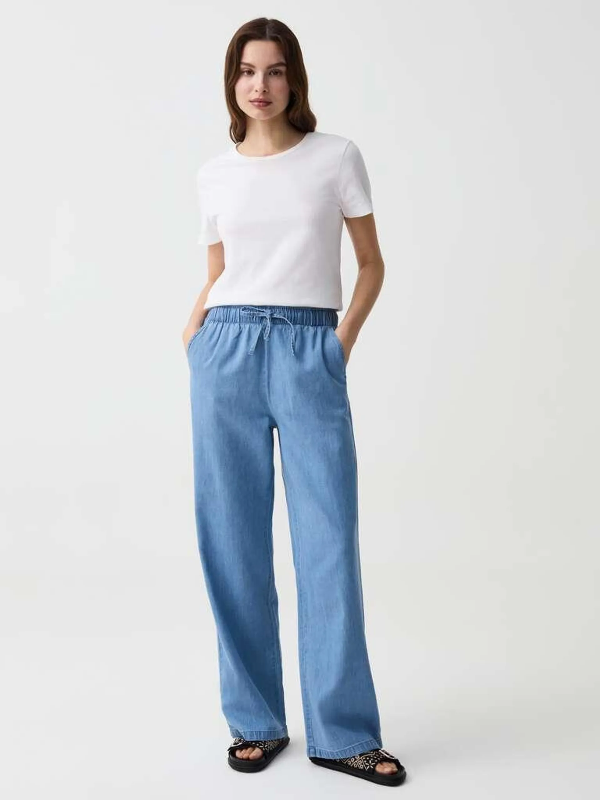 Soft Blue Wide-leg denim-effect joggers