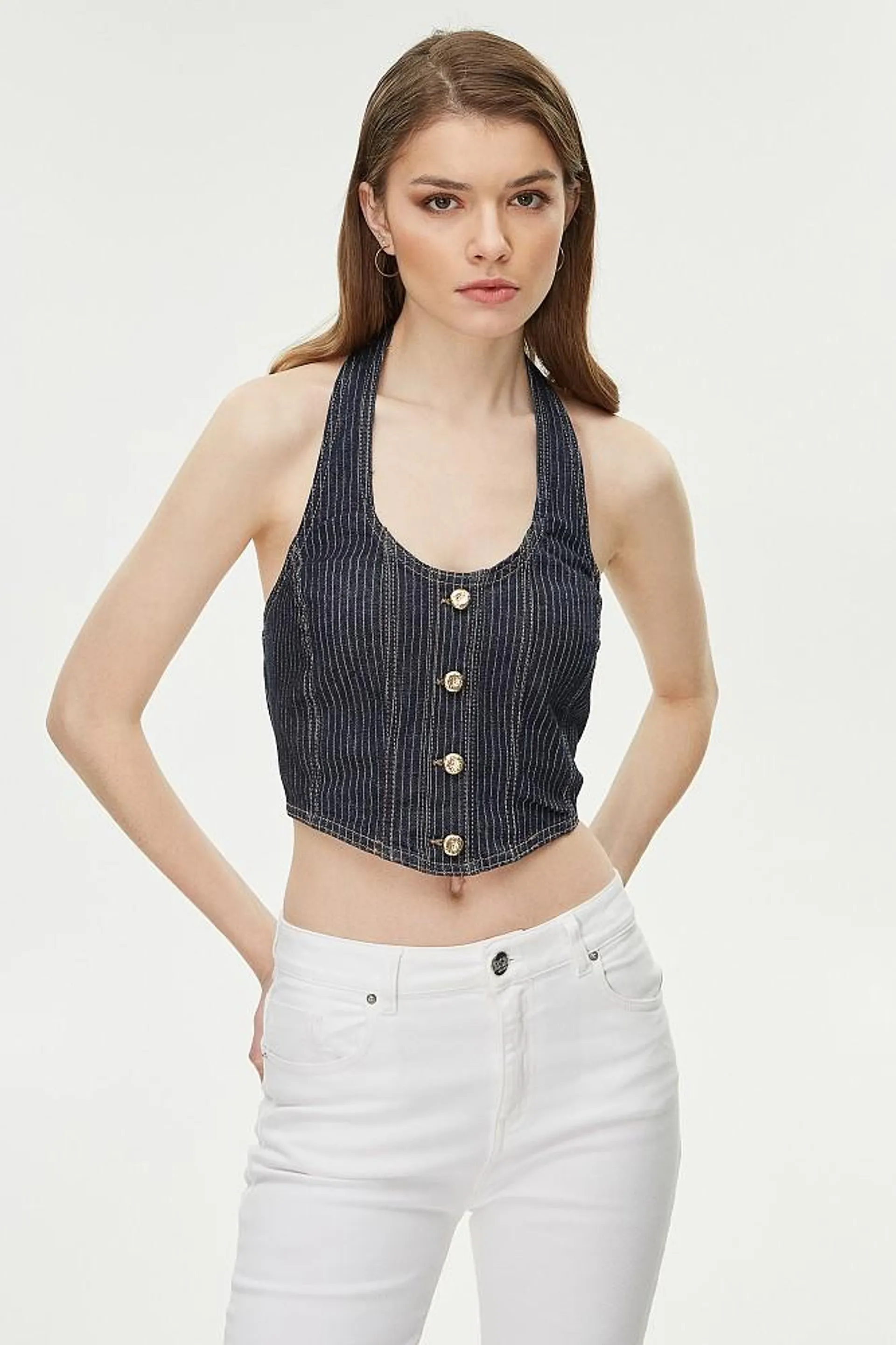 Denim bustier with bejeweled buttons