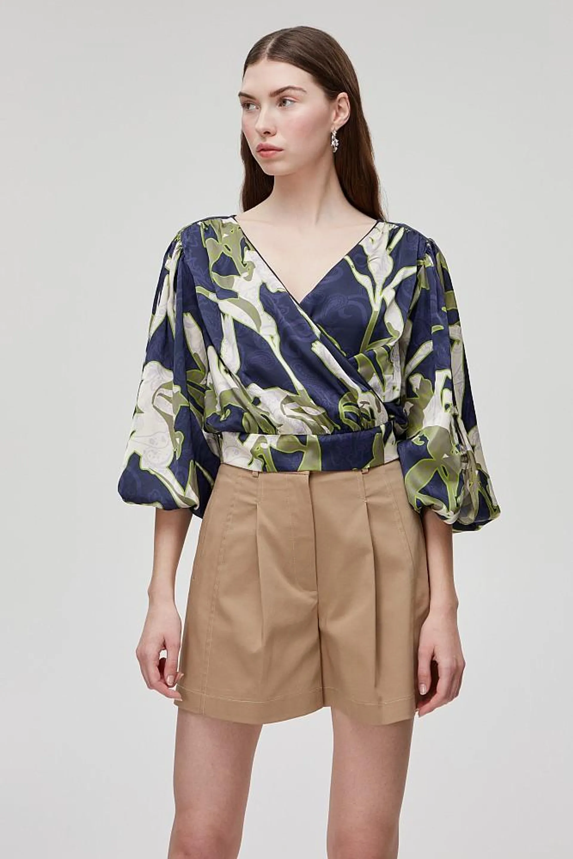 Wrap printed satin blouse