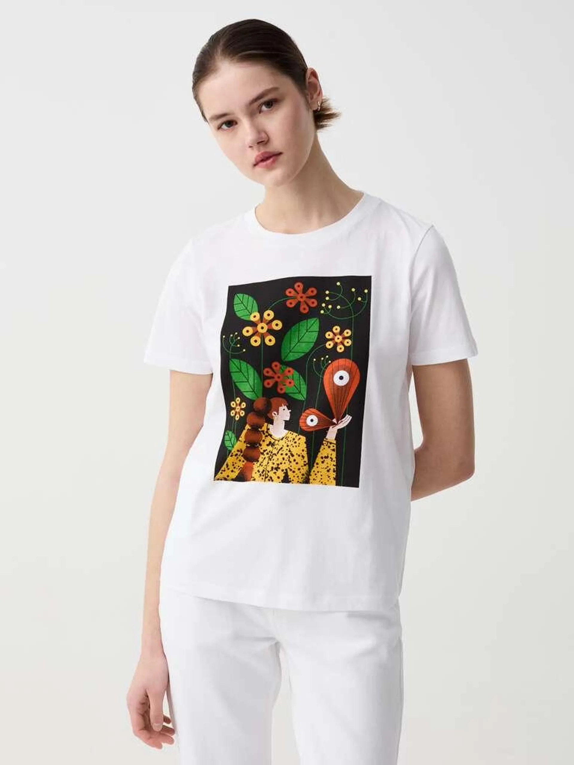 Optical White T-shirt with graphic illustration by Magda Azab