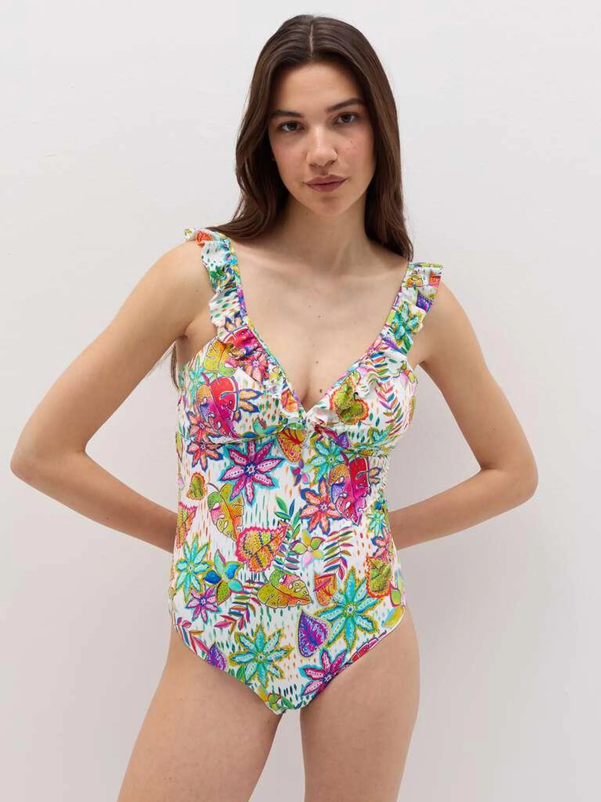 White/Green One-piece swimsuit with flounce and tropical print