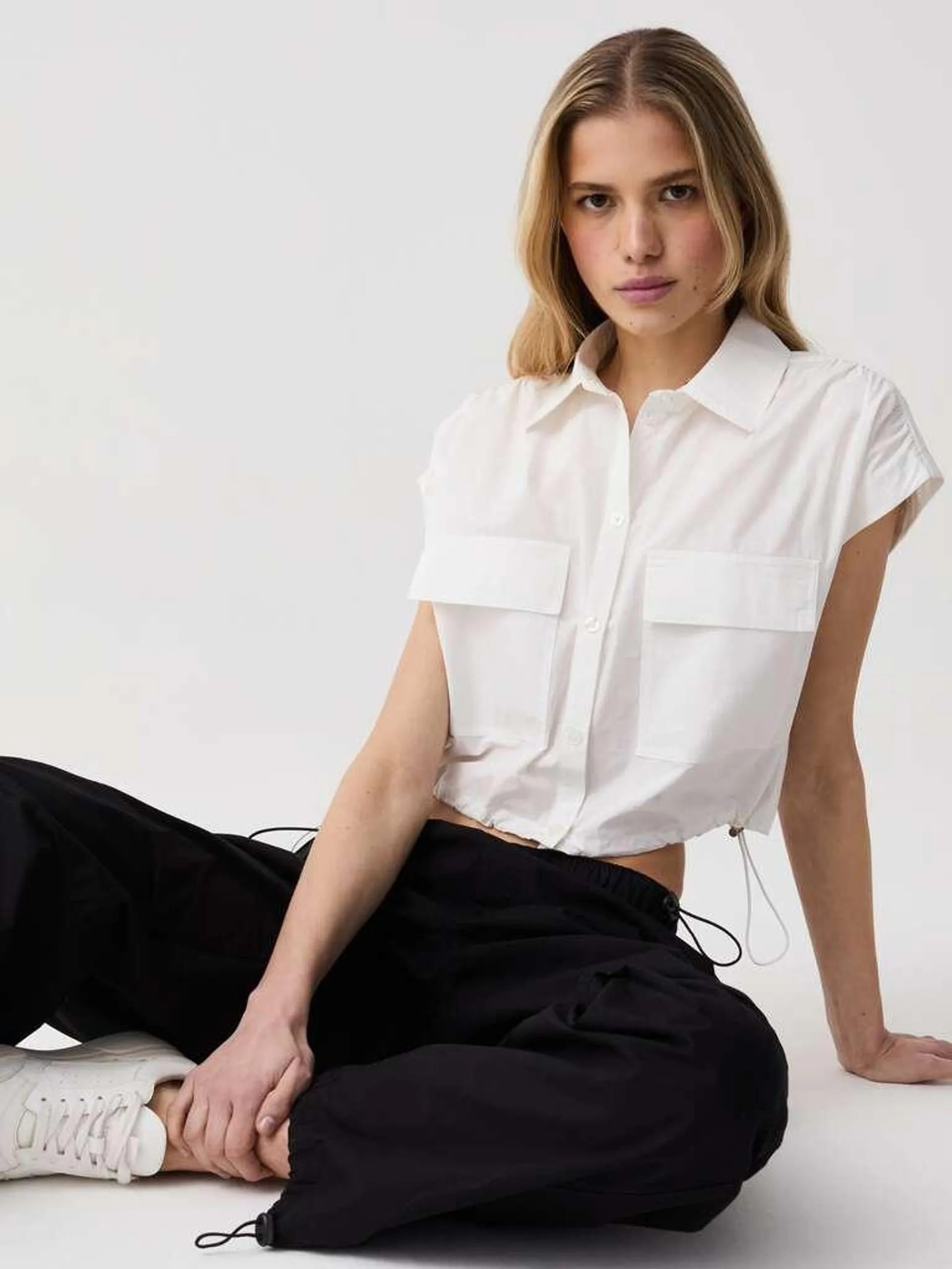 Optical White Poplin shirt with pockets