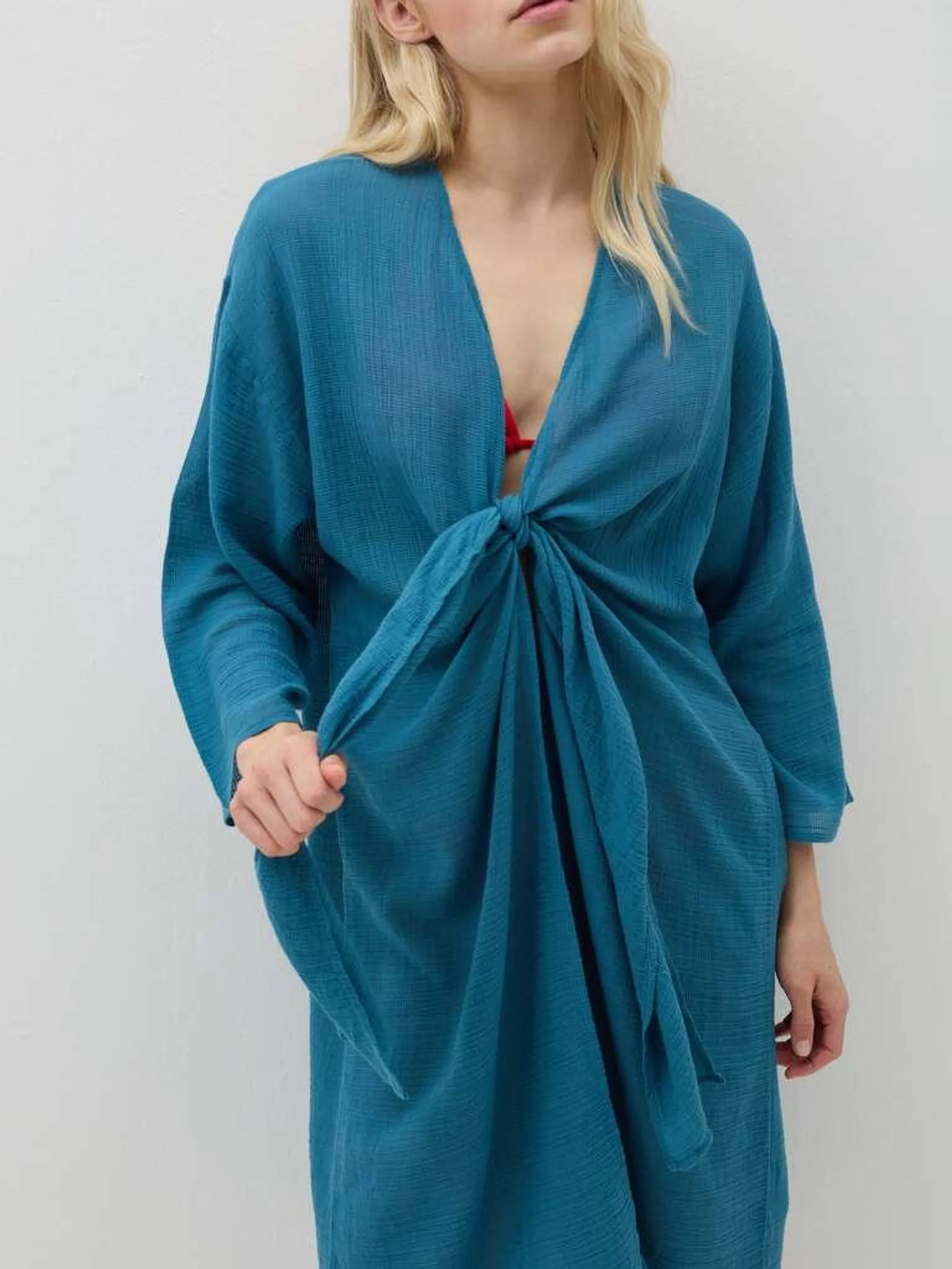 Petrol Blue Beach cover-up kimono with V neck and knot