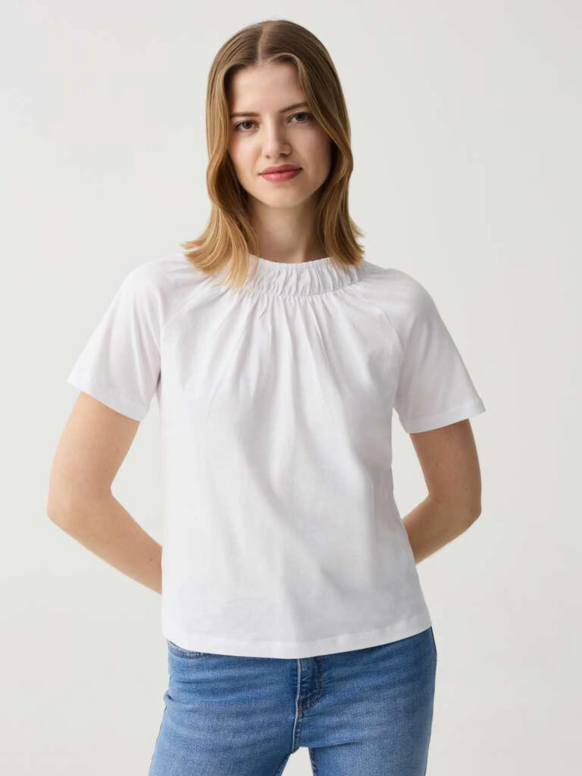 Optical White Mock-neck T-shirt with pleating