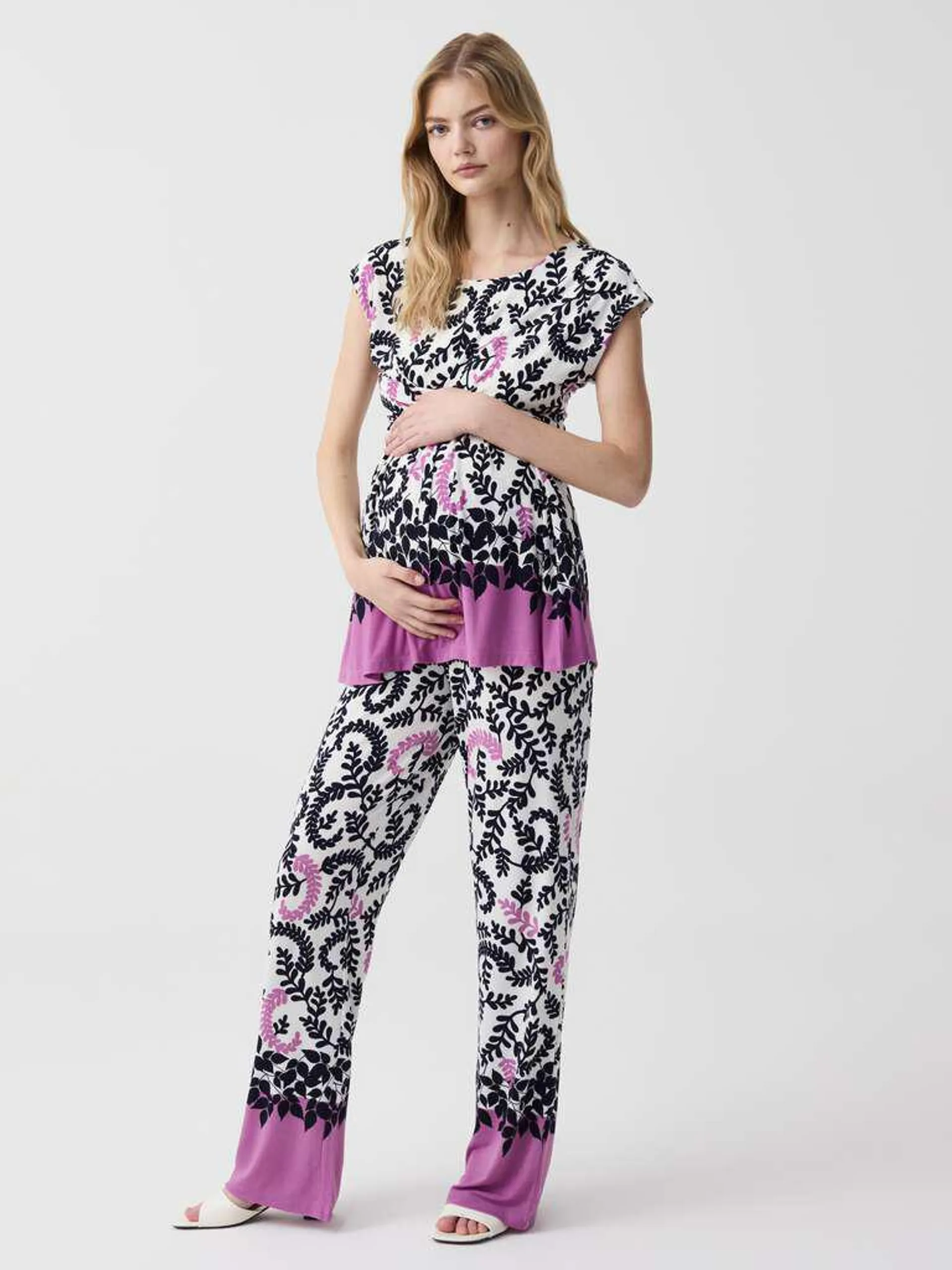 Optical White Maternity trousers with foliage print