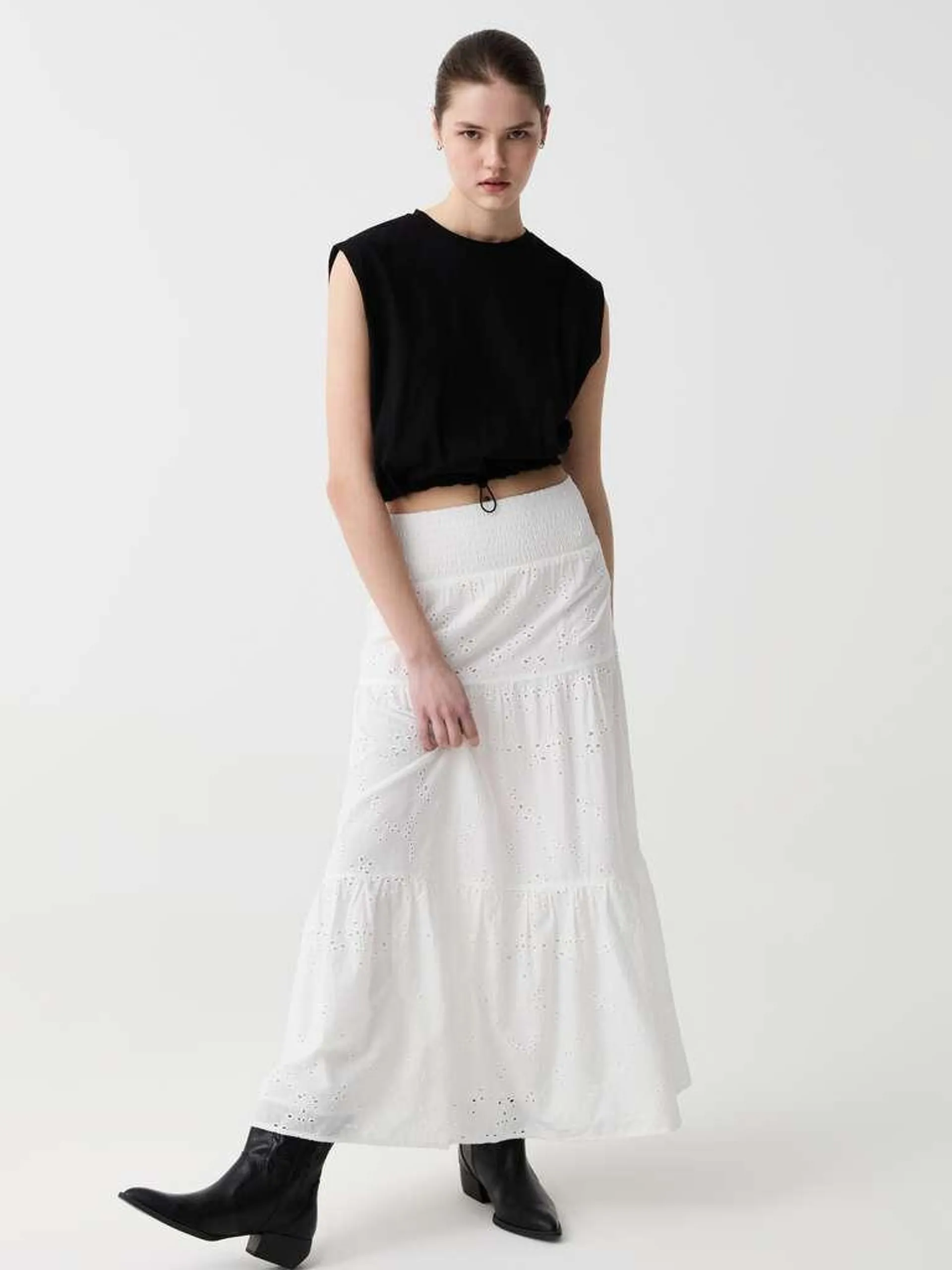 Optical White Long tiered skirt in broderie anglaise