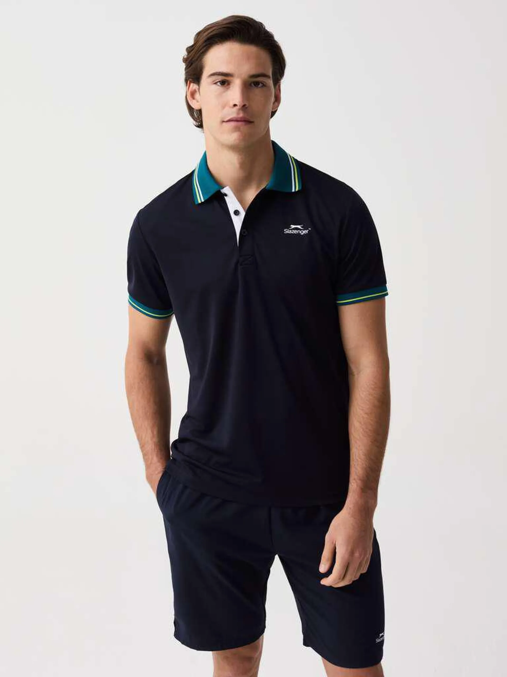 Dark Blue Slazenger tennis polo shirt with striped trims