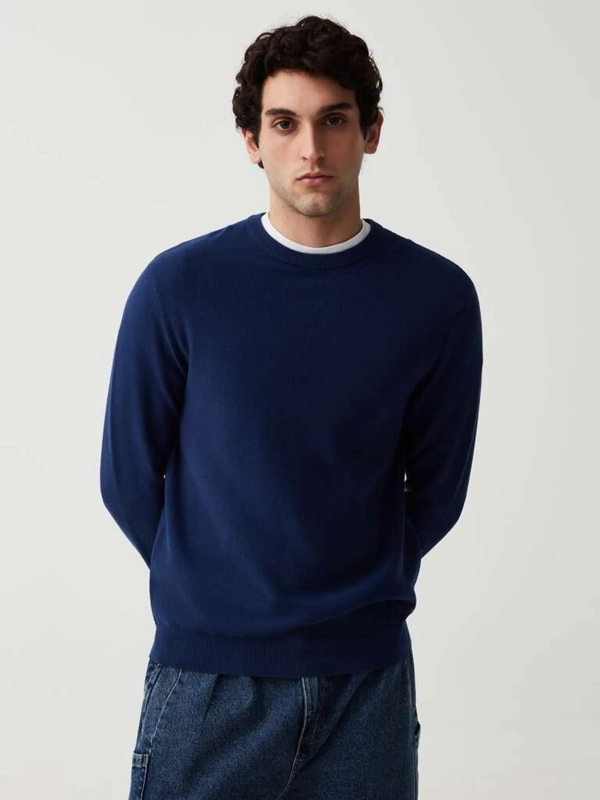 Dark Blue Cotton pullover with round neck