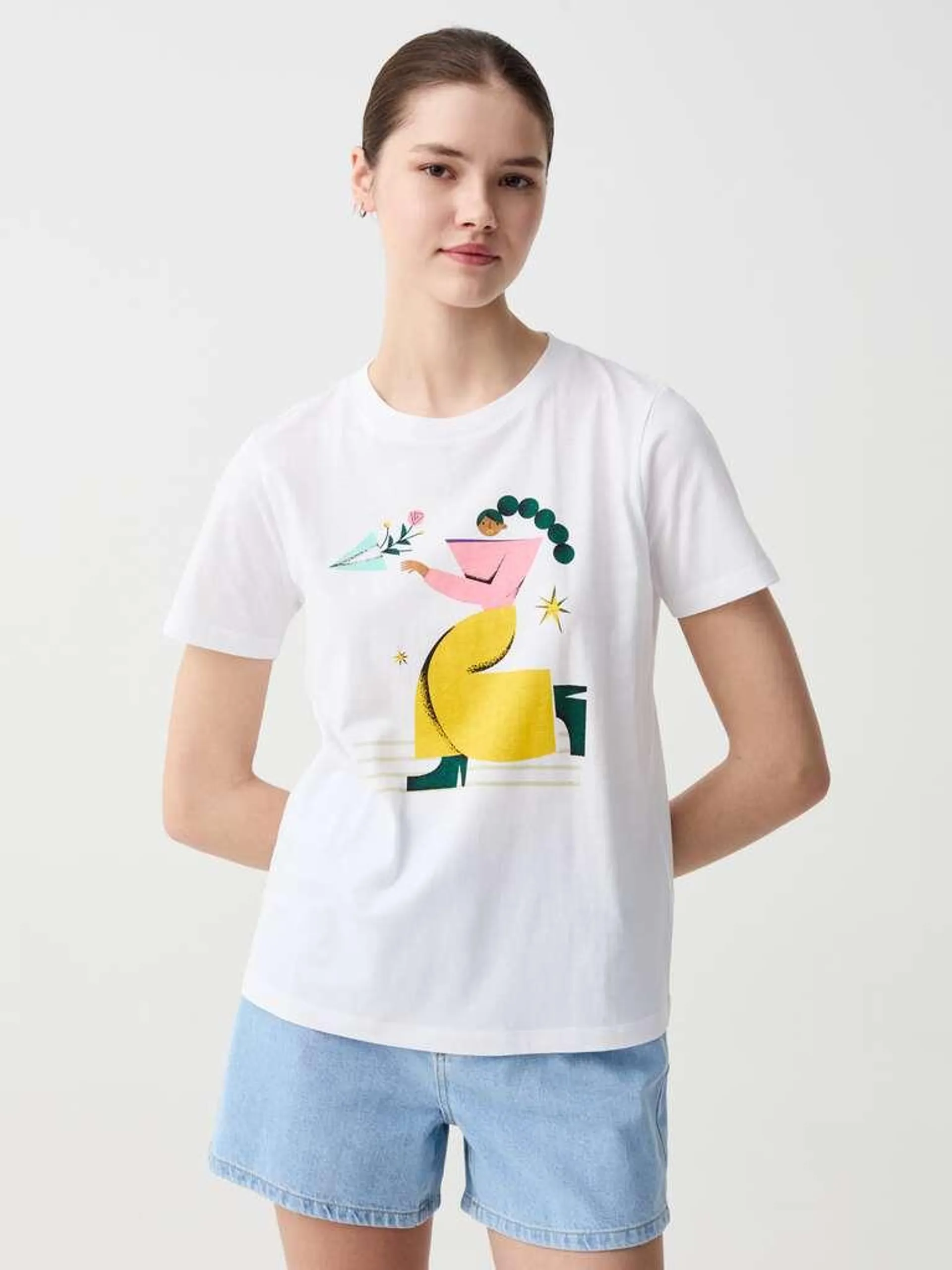 Optical White T-shirt with graphic illustration by Magda Azab