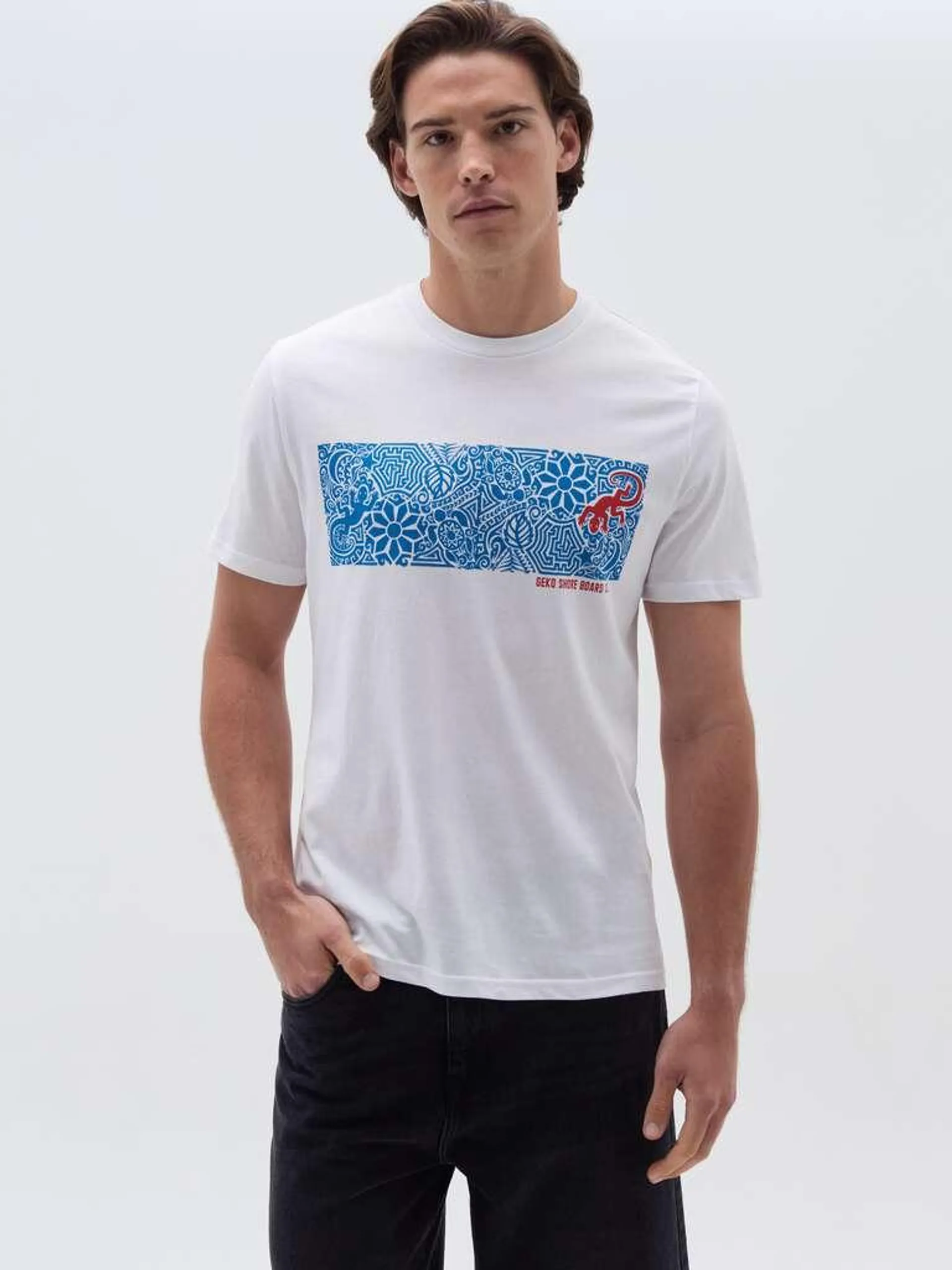 Optical White Cotton T-shirt with gecko print