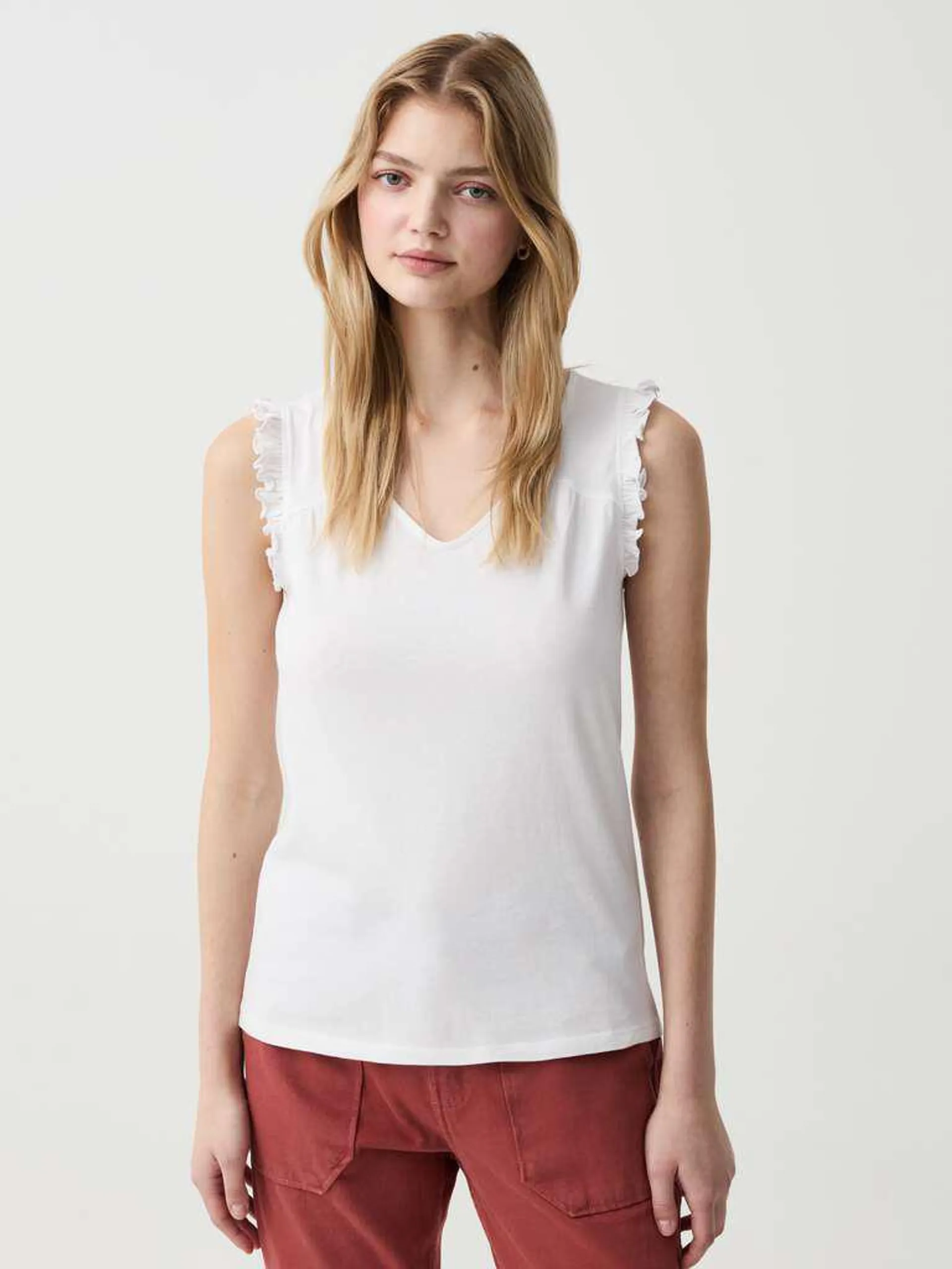 Optical White Tank top with frills