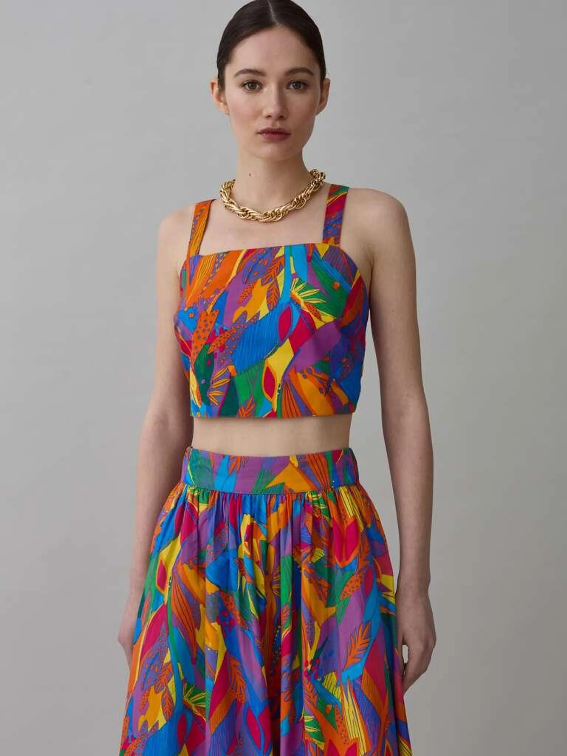 Red/Orange Crop top with tropical foliage print