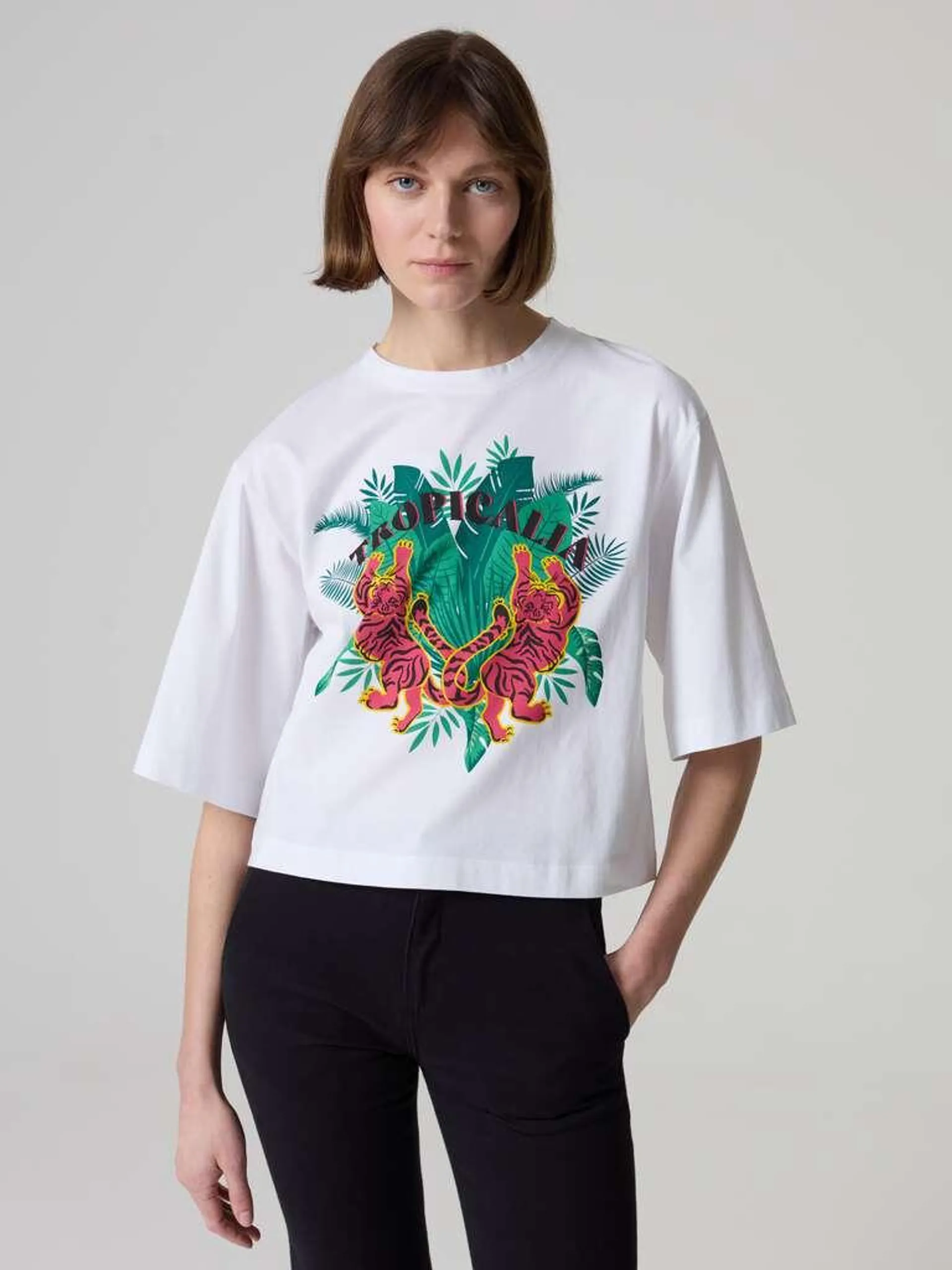 Optical White Oversized T-shirt with tropical print