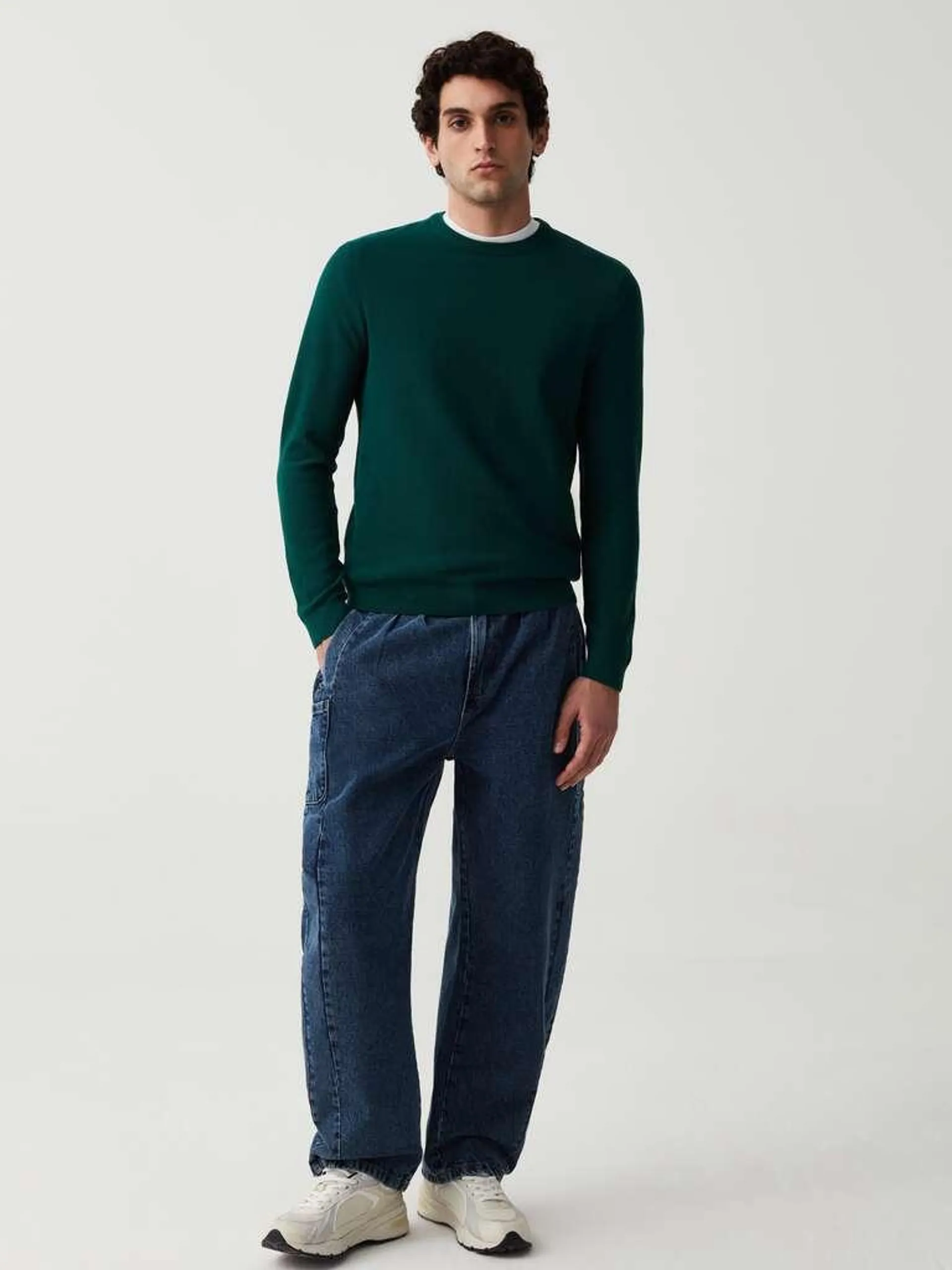 Dark Green Cotton pullover with round neck