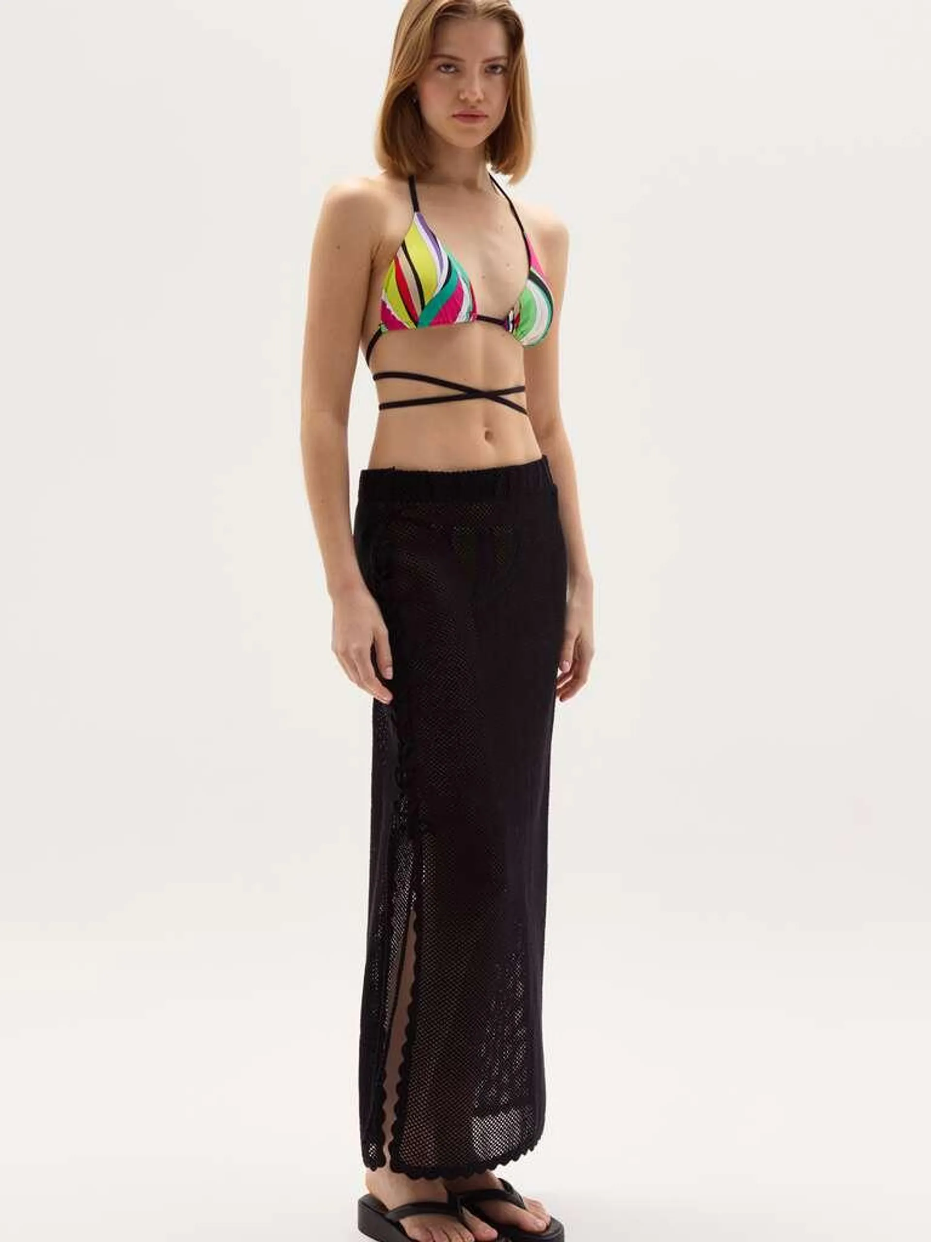 Black Long beach cover-up skirt in mesh