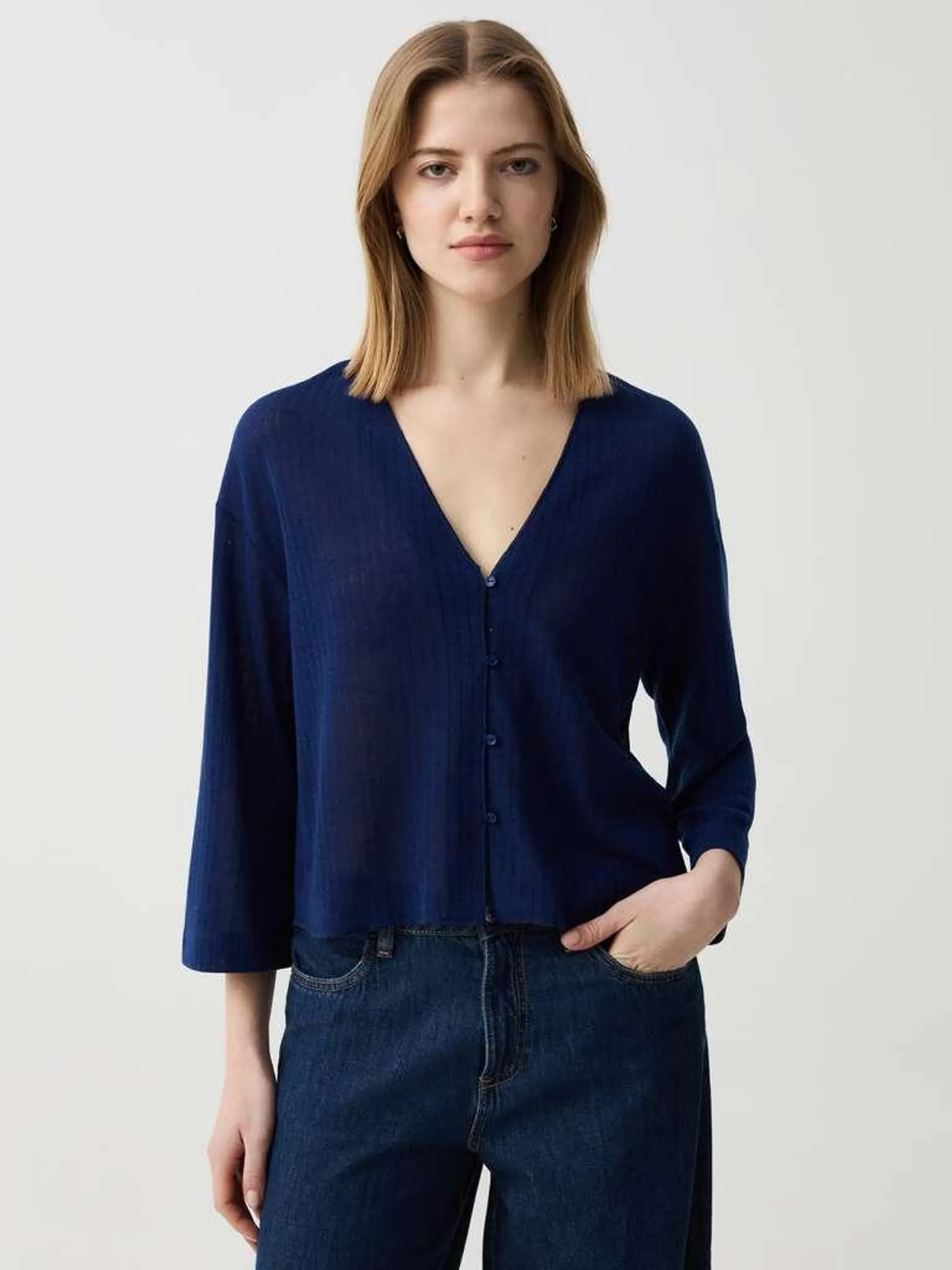 Navy Blue Flat-ribbed cardigan with V neck