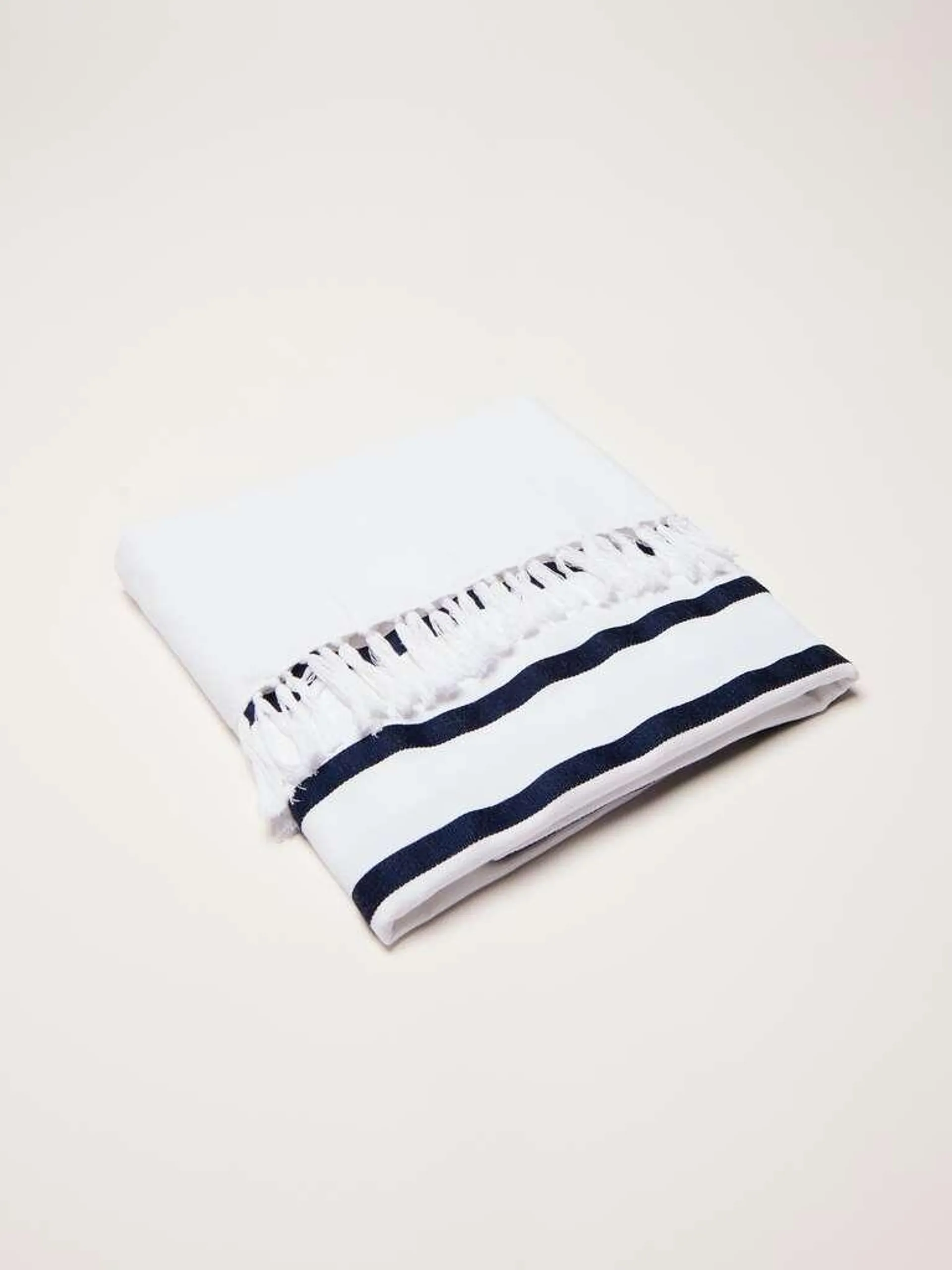 White/Blue Striped beach towel with fringing