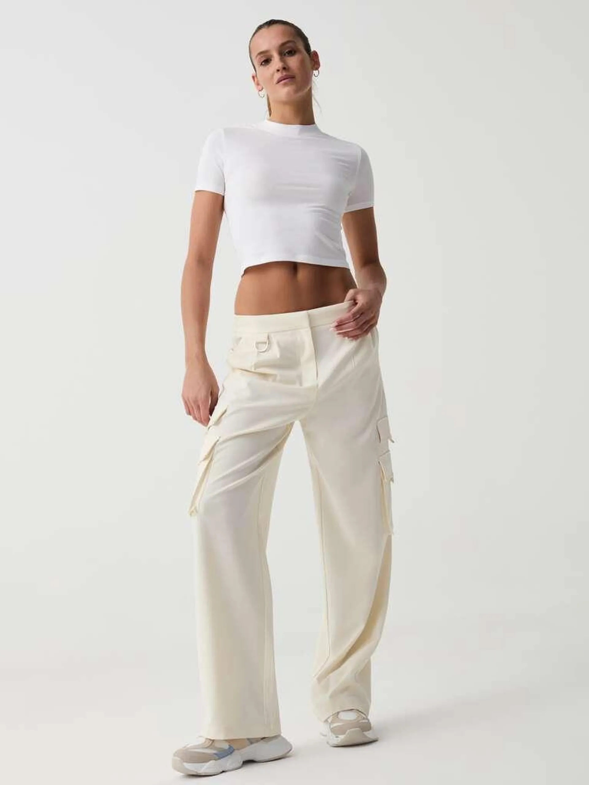 Cream White Cargo trousers with darts