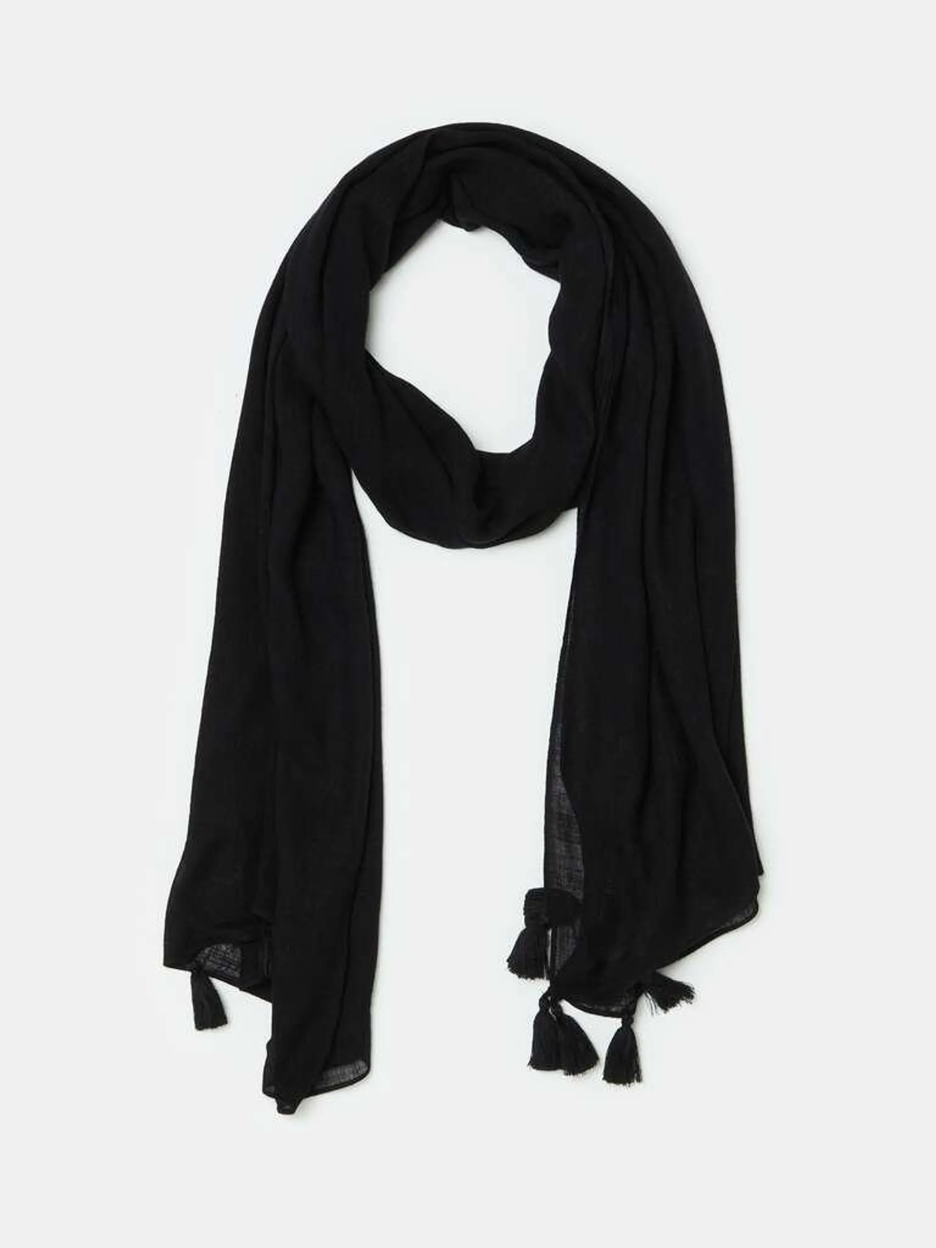 Black Viscose and linen scarf with tassels