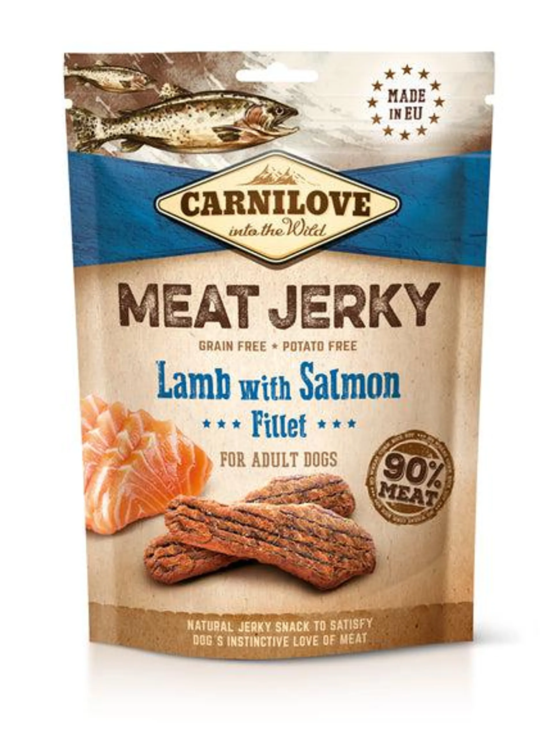 CARNILOVE Meat Jerky, janjetina s lososom, mesni fileti bez žitarica, 100g