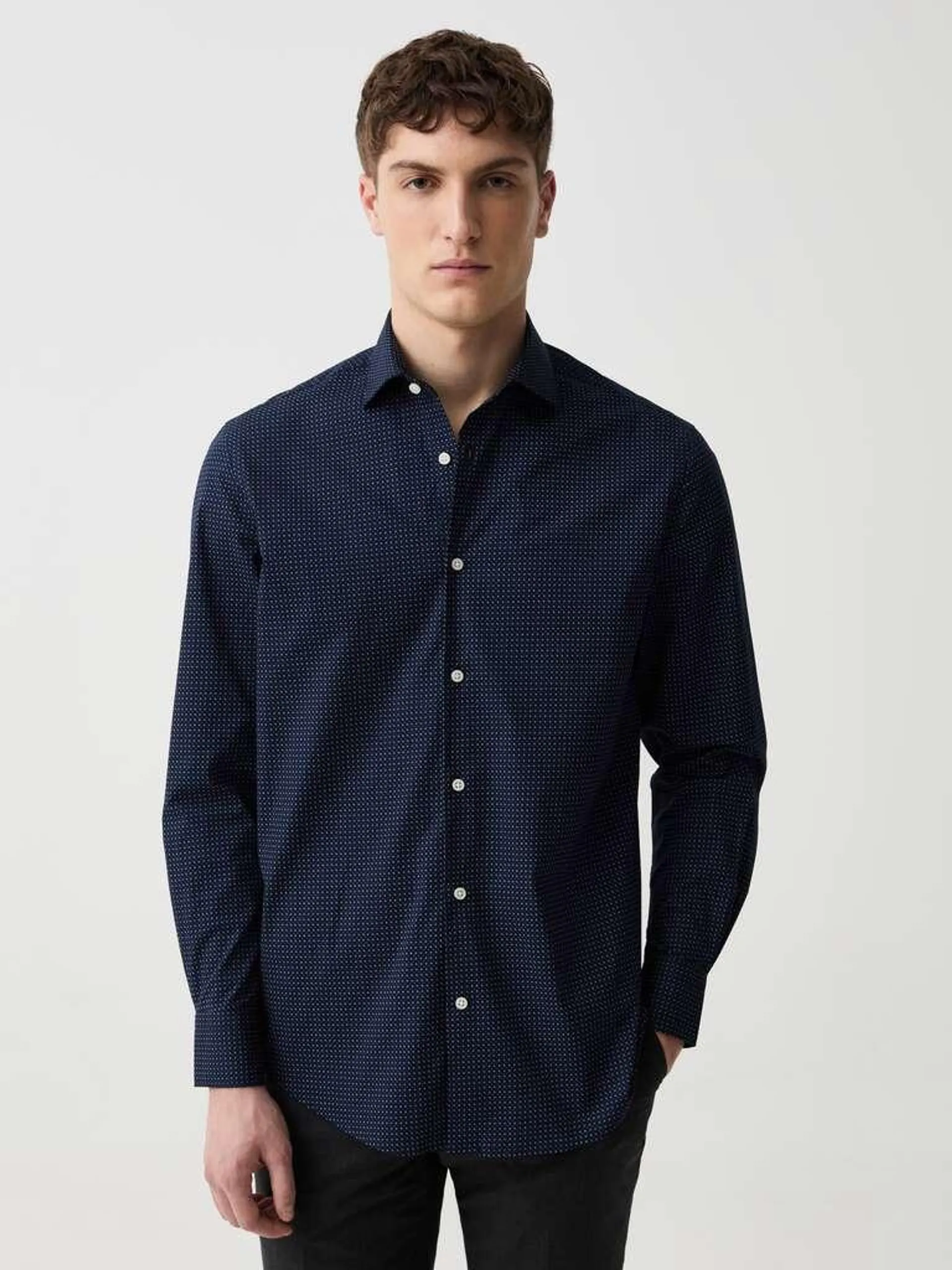 Blue/Grey Regular-fit stretch shirt with pattern