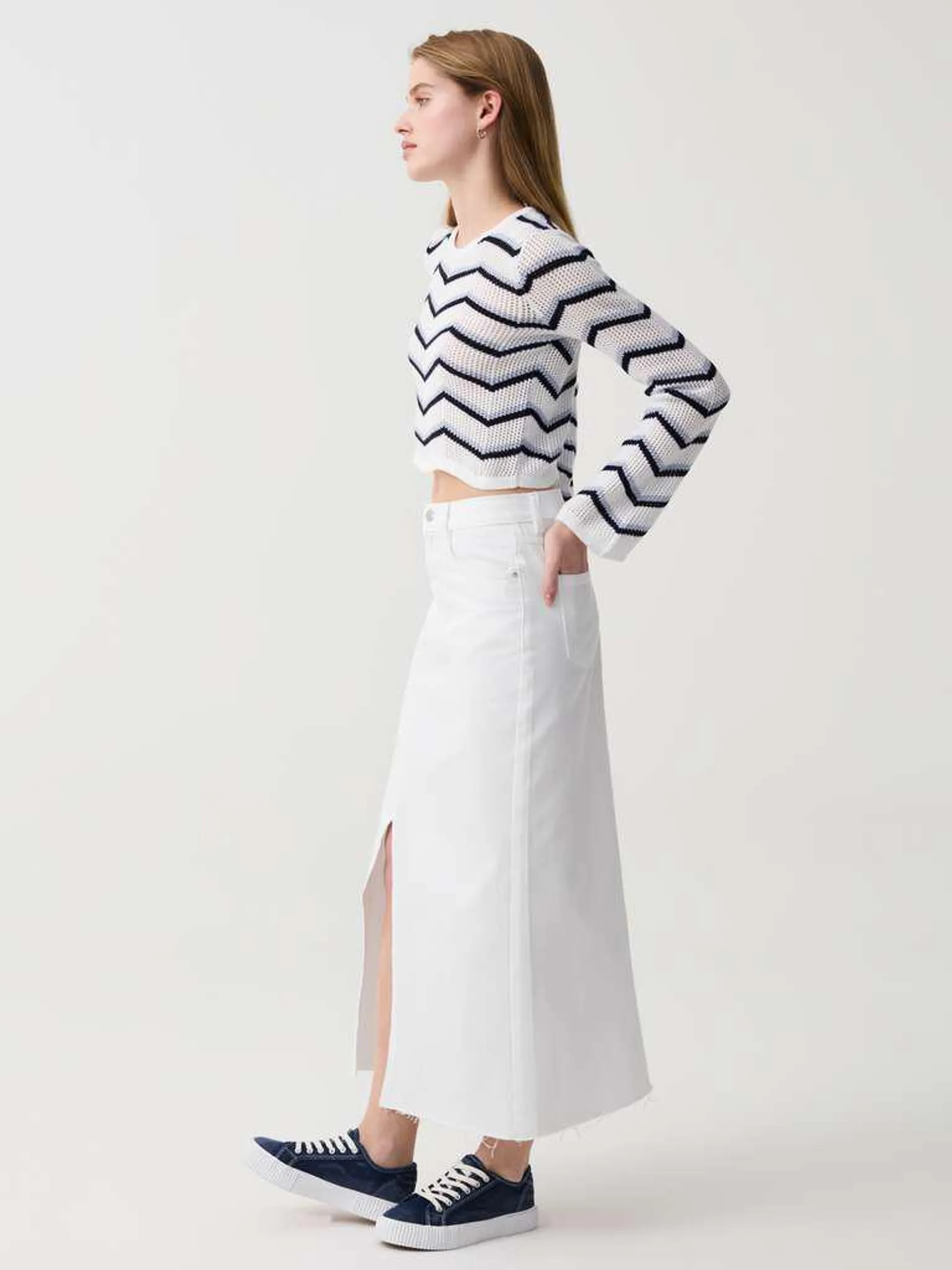 Optical White Long skirt in denim with raw edging