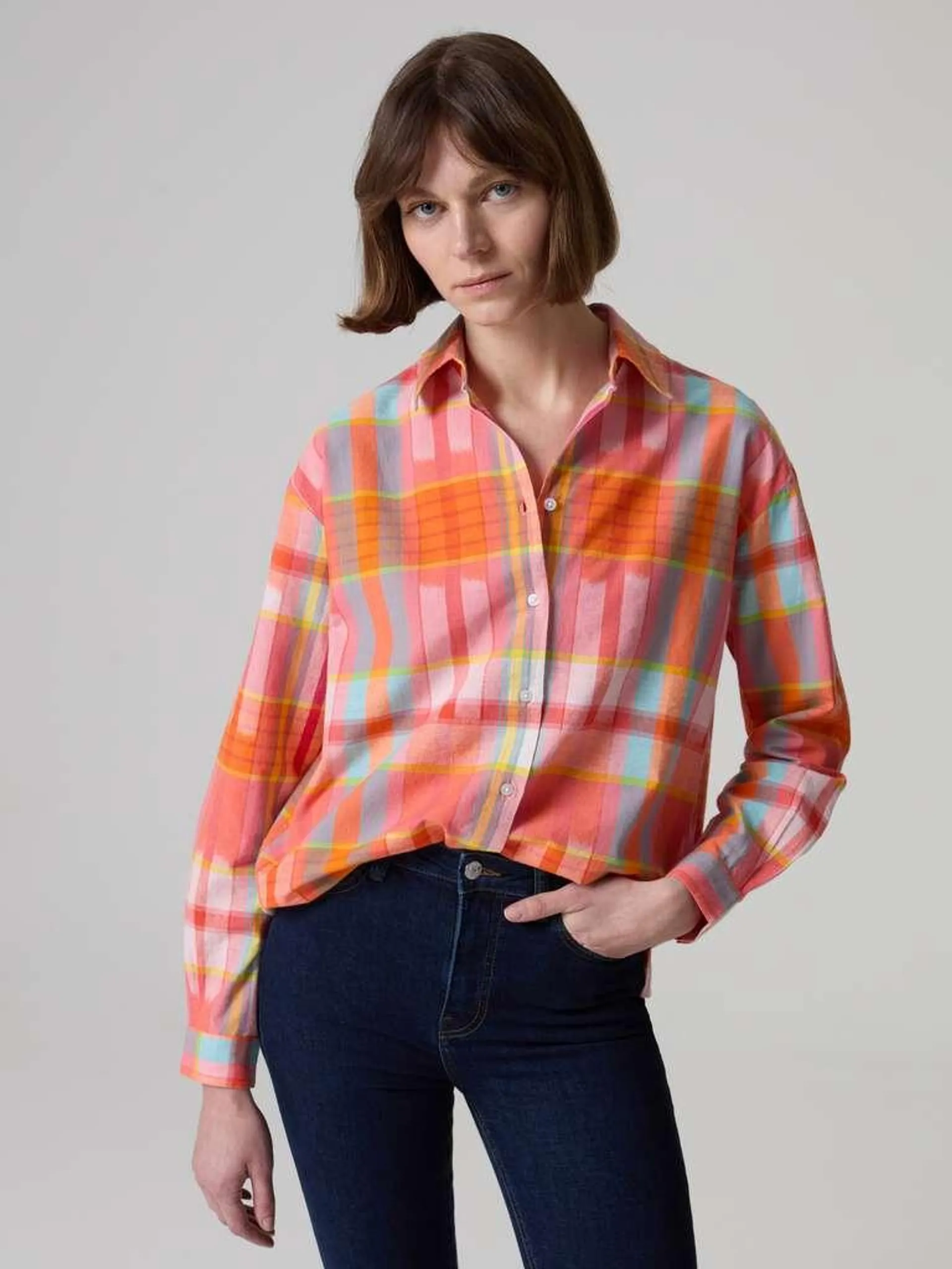 Orange/Pink Linen and cotton shirt with check pattern