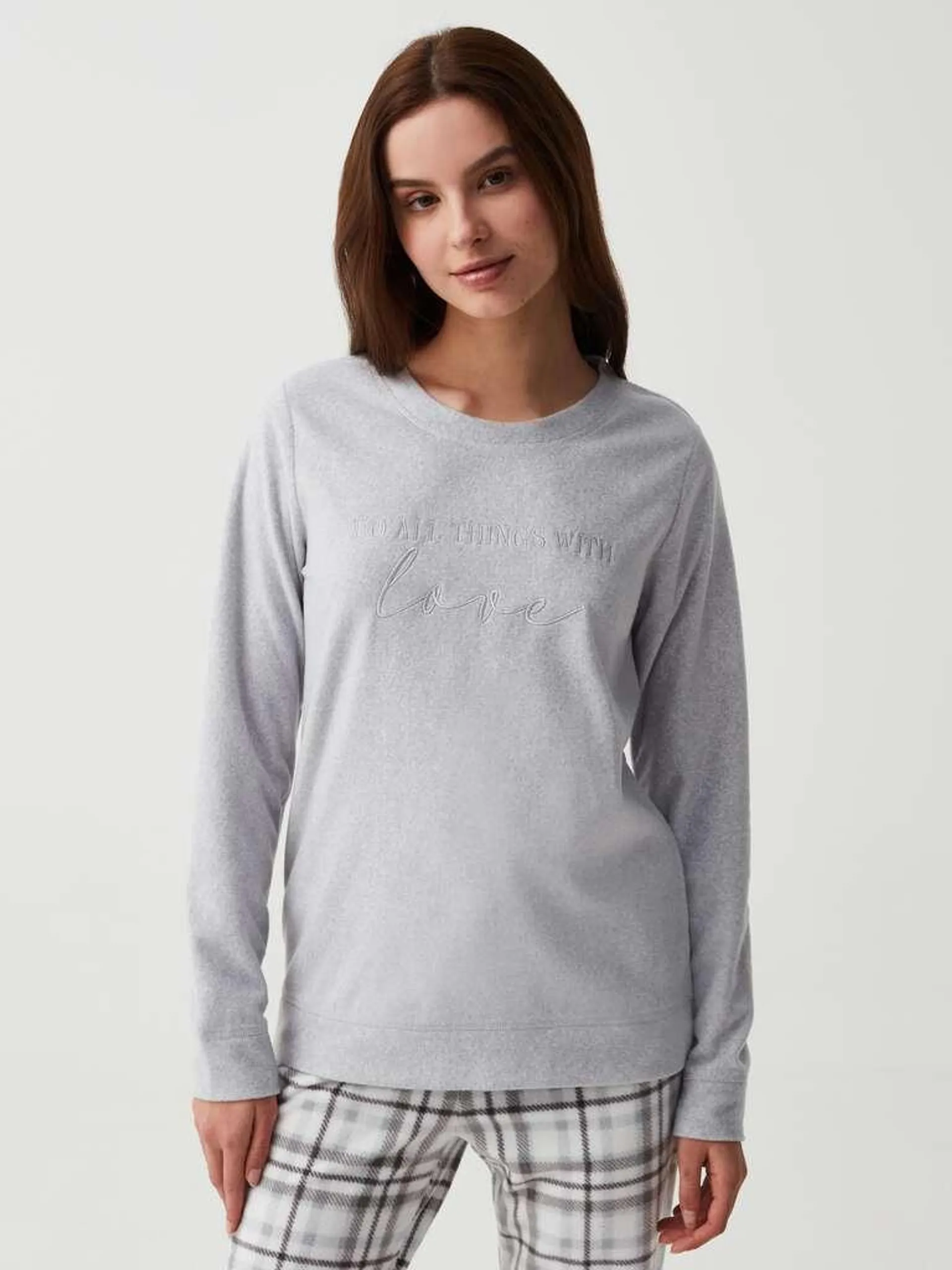 Light Grey Marl Fleece pyjama top with embroidered lettering