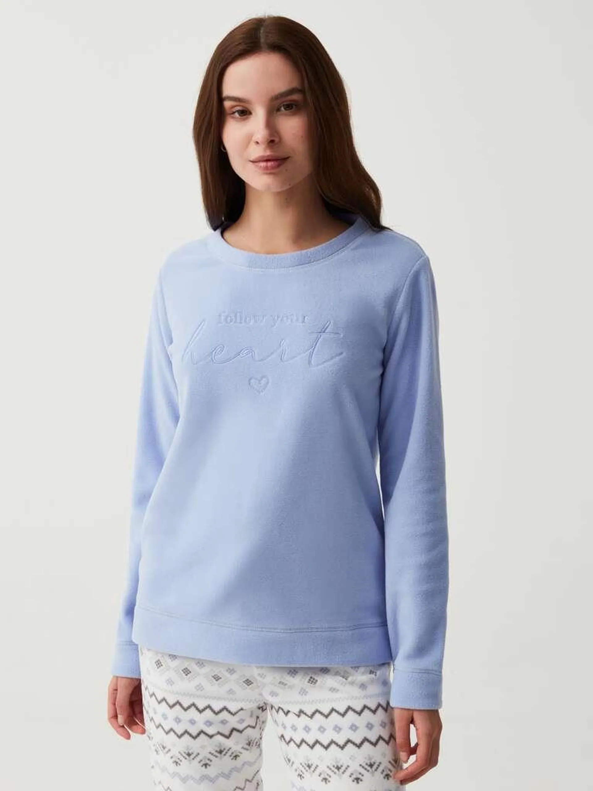 Indigo Blue Fleece pyjama top with lettering and heart embroidery