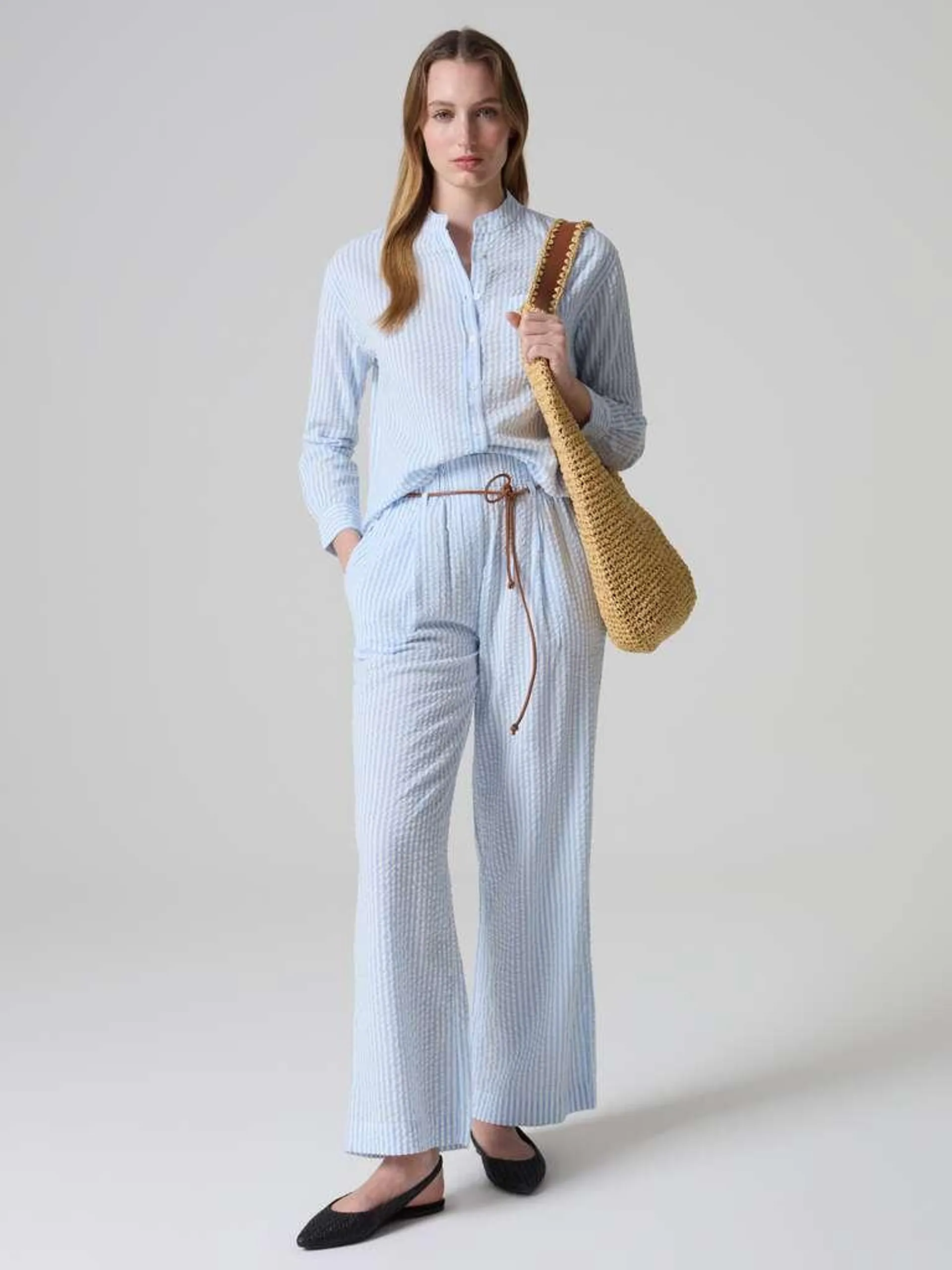 White/Light Blue Striped seersucker trousers with belt