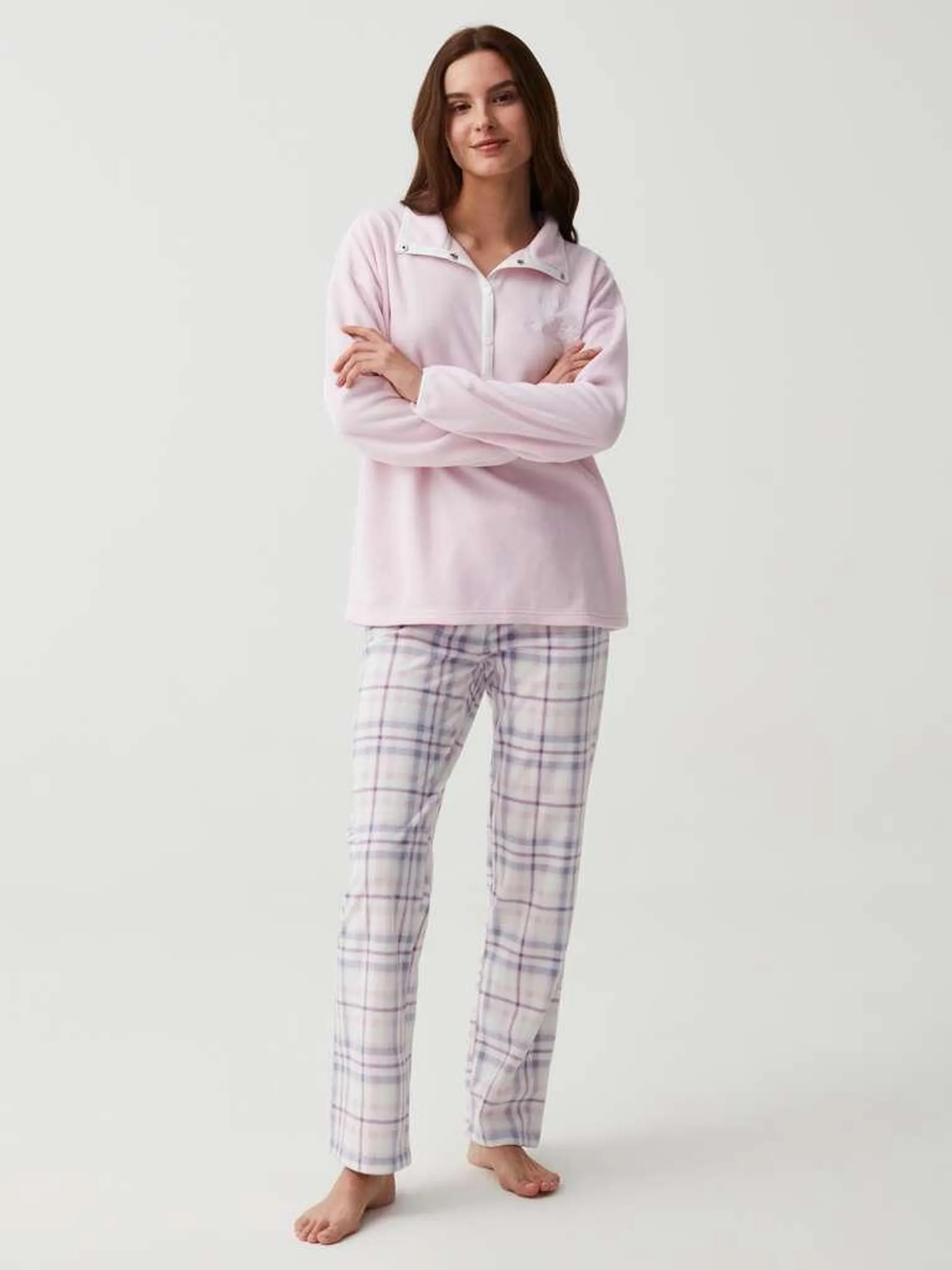 White/Purple Pyjama bottoms in fleece with tartan pattern