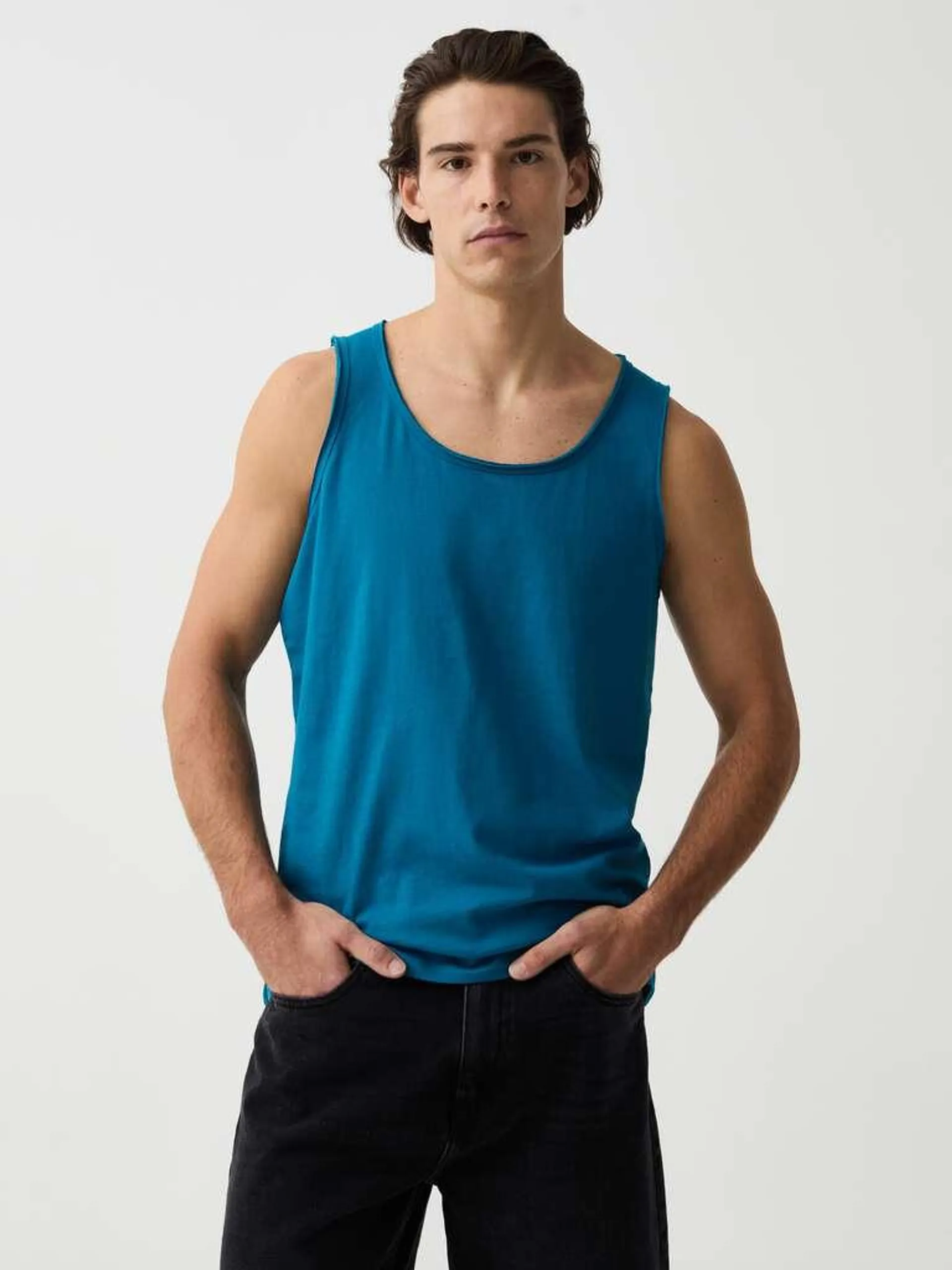 Petrol Blue Cotton tank top with raw edges