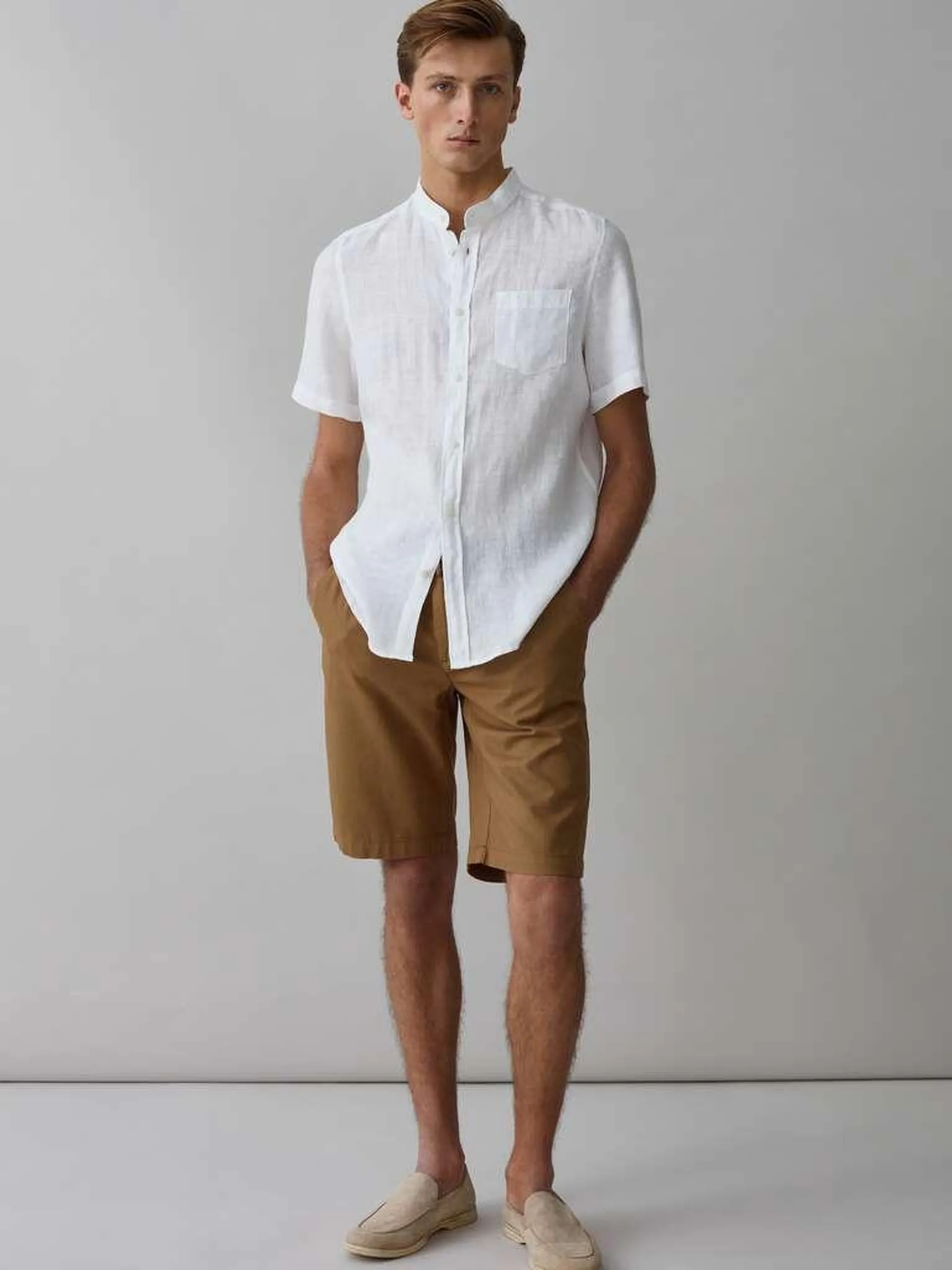 Light Tobacco Brown Chino Bermuda shorts in linen and cotton with drawstring