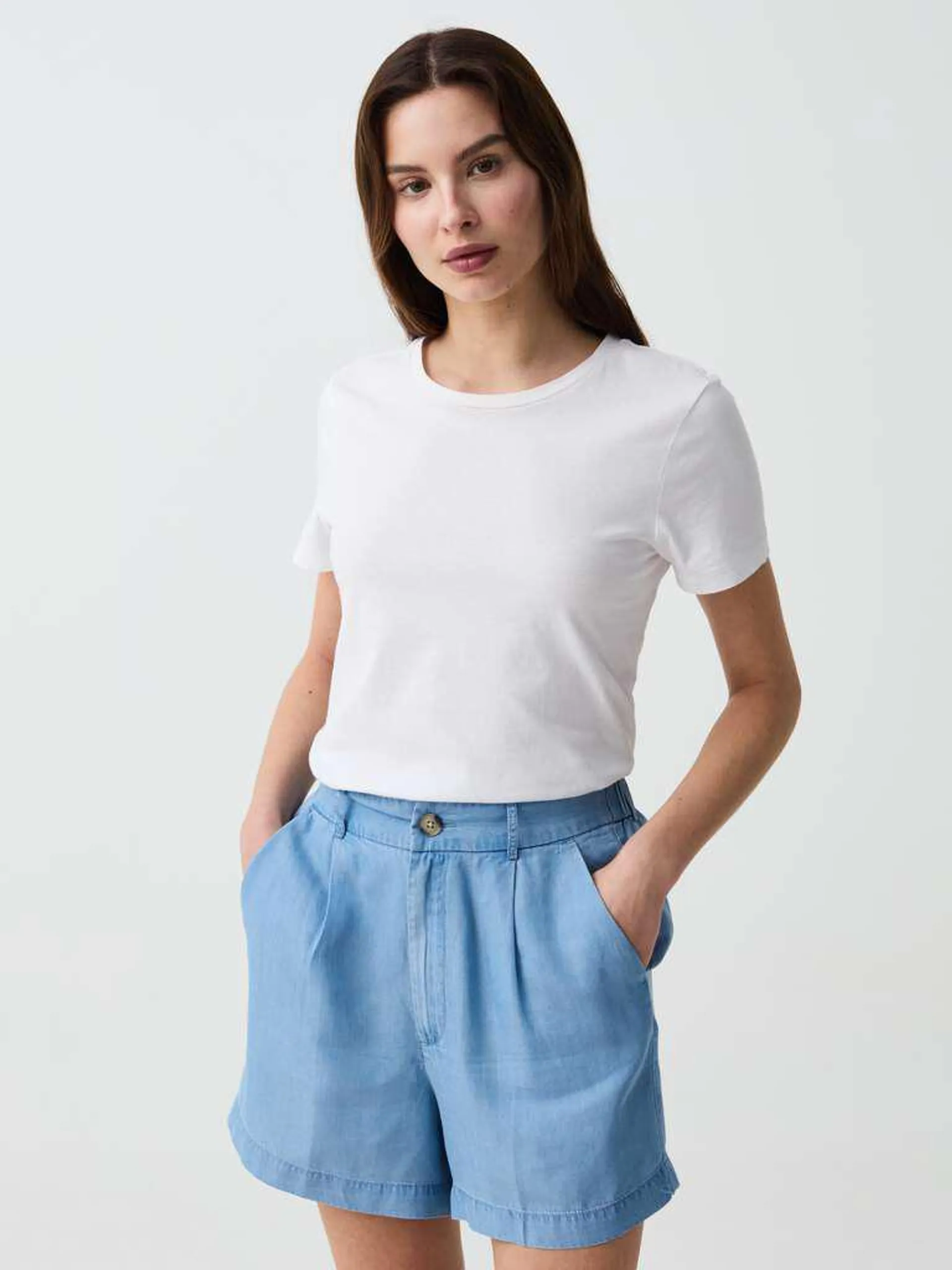 Soft Blue Fluid denim-effect Bermuda shorts with pleats