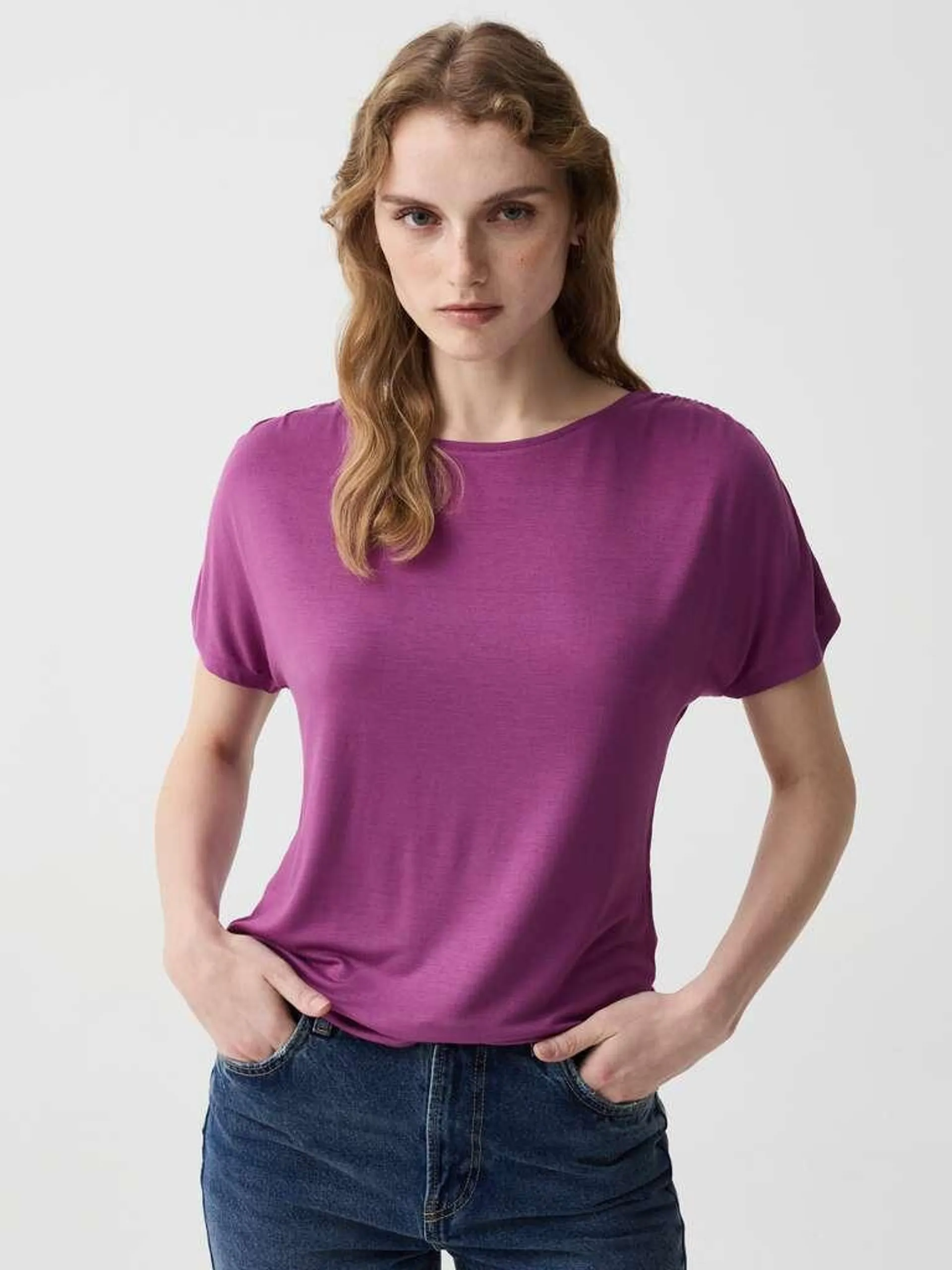 Royal Purple Stretch viscose t-shirt with gathering