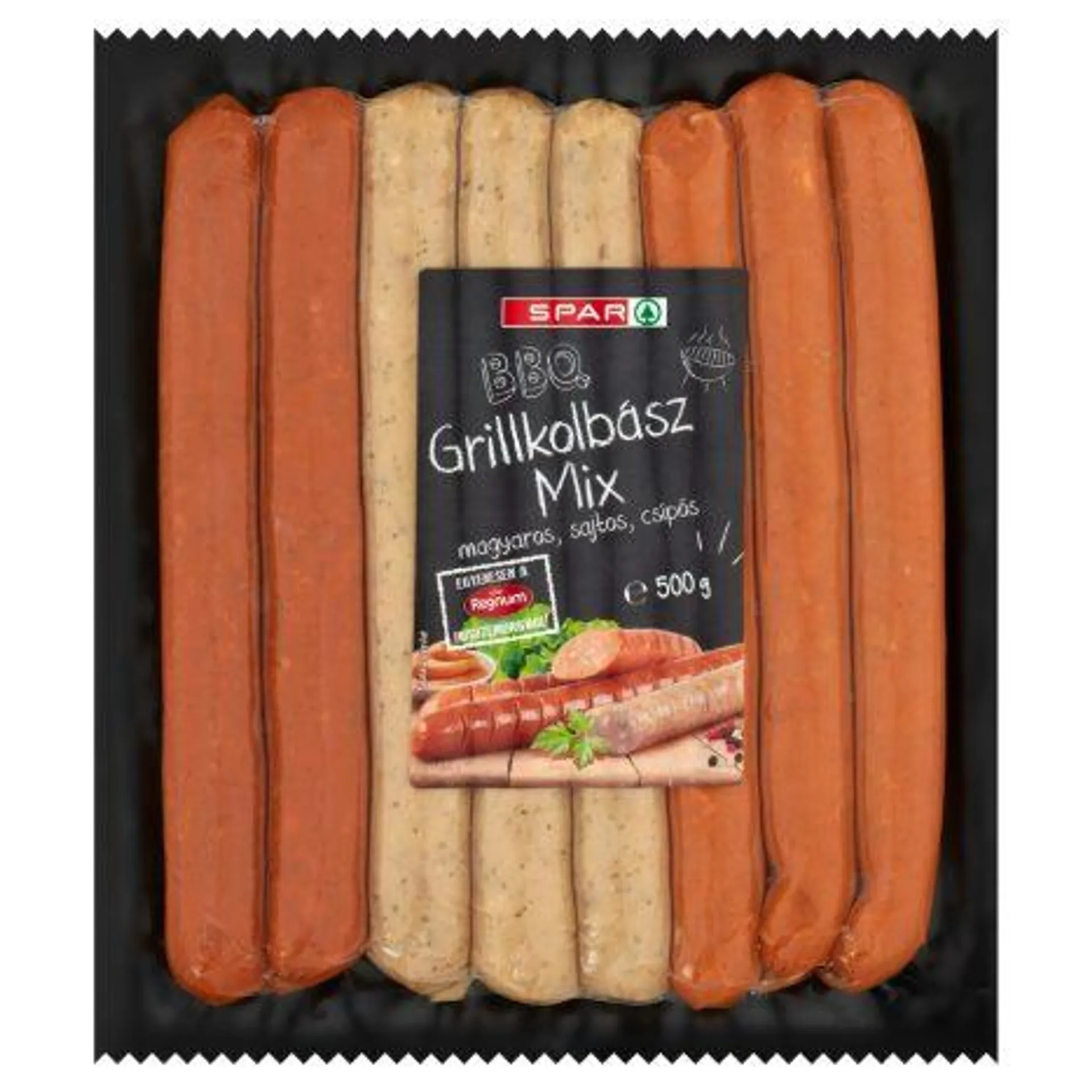 SPAR BBQ magyaros, sajtos és csípős grillkolbász mix 500 g