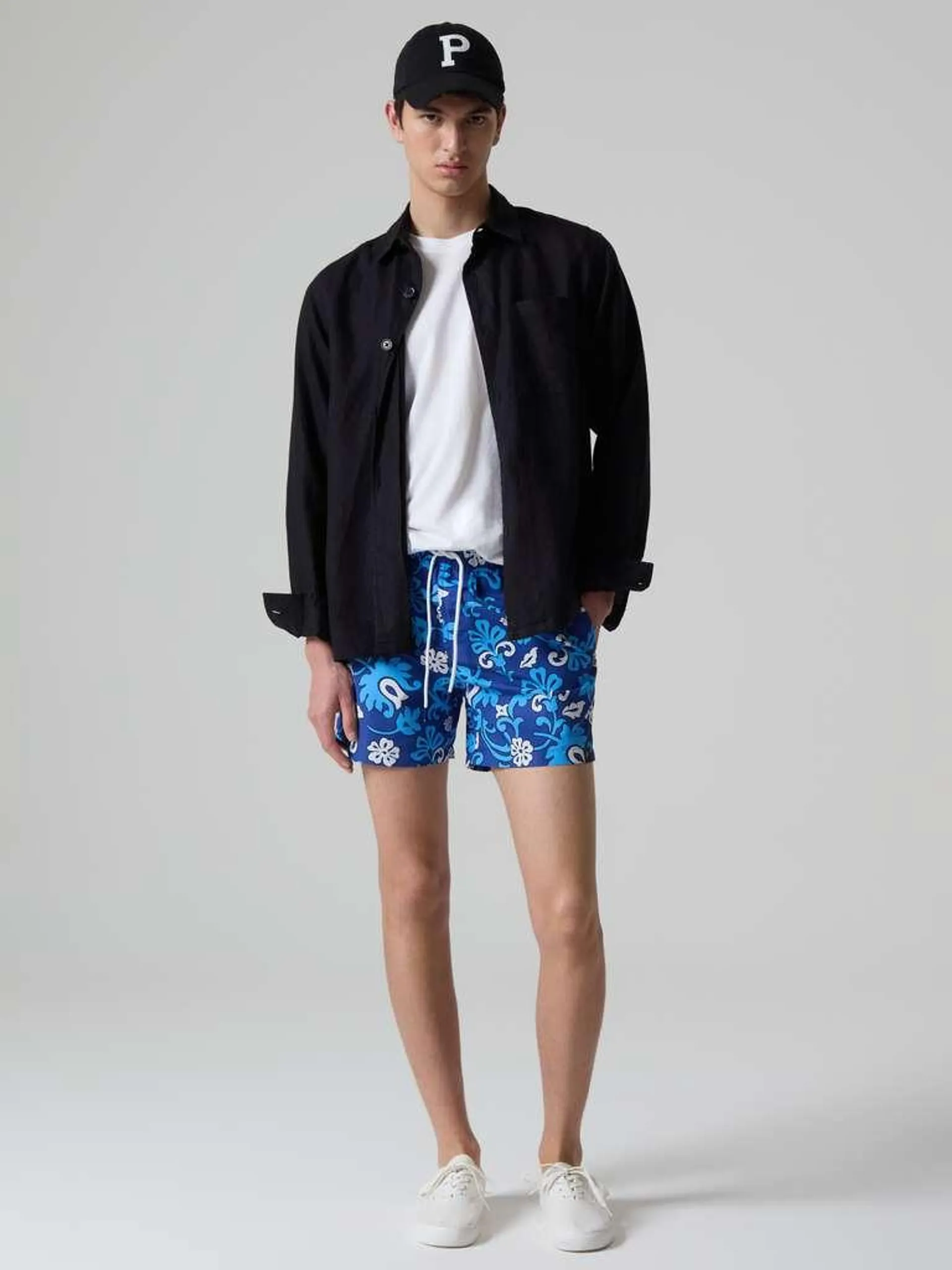 Blue/Light Blue Bermuda swim shorts with floral print