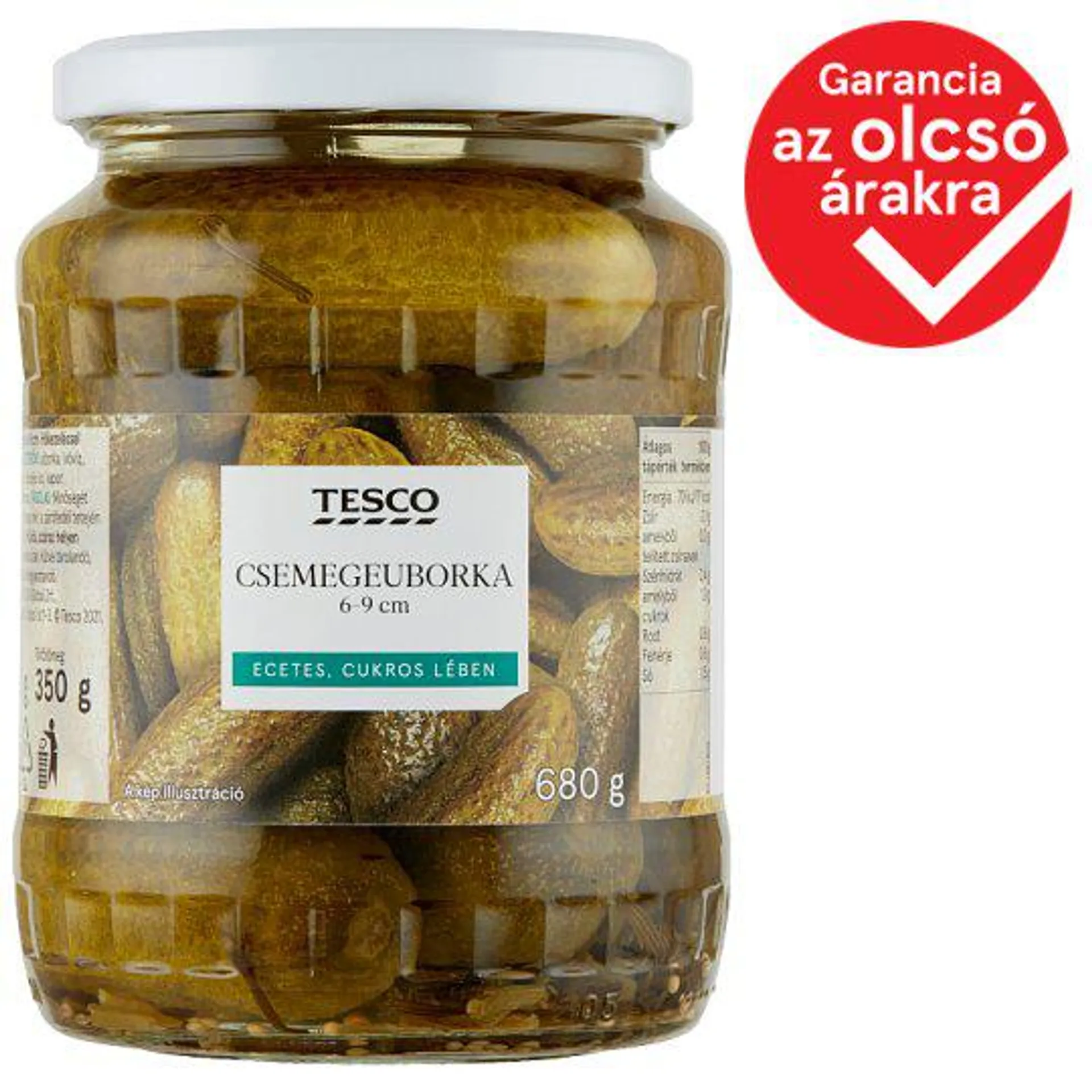 Tesco csemegeuborka ecetes, cukros lében 6-9 cm 680 g