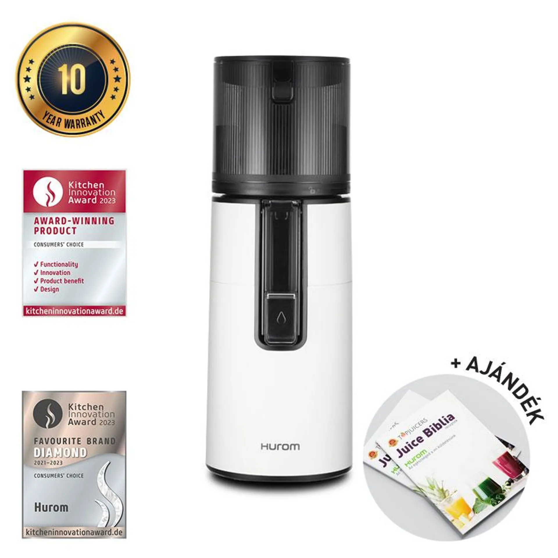 Hurom H400 Slow Juicer (FEHÉR) + Juice Biblia