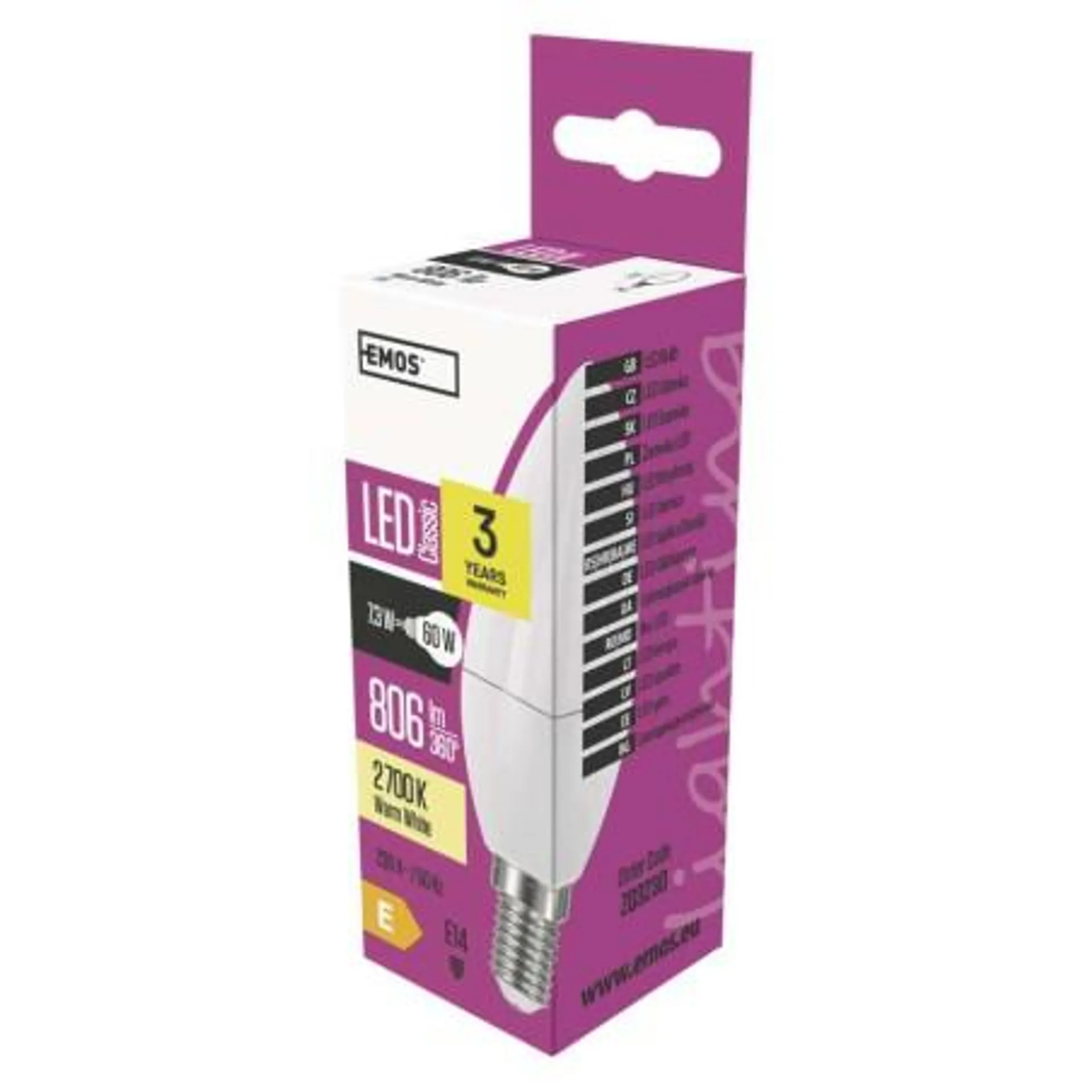 LED izzó Classic gyertya / E14 / 7,3 W (60 W) / 806 lm / meleg fehér