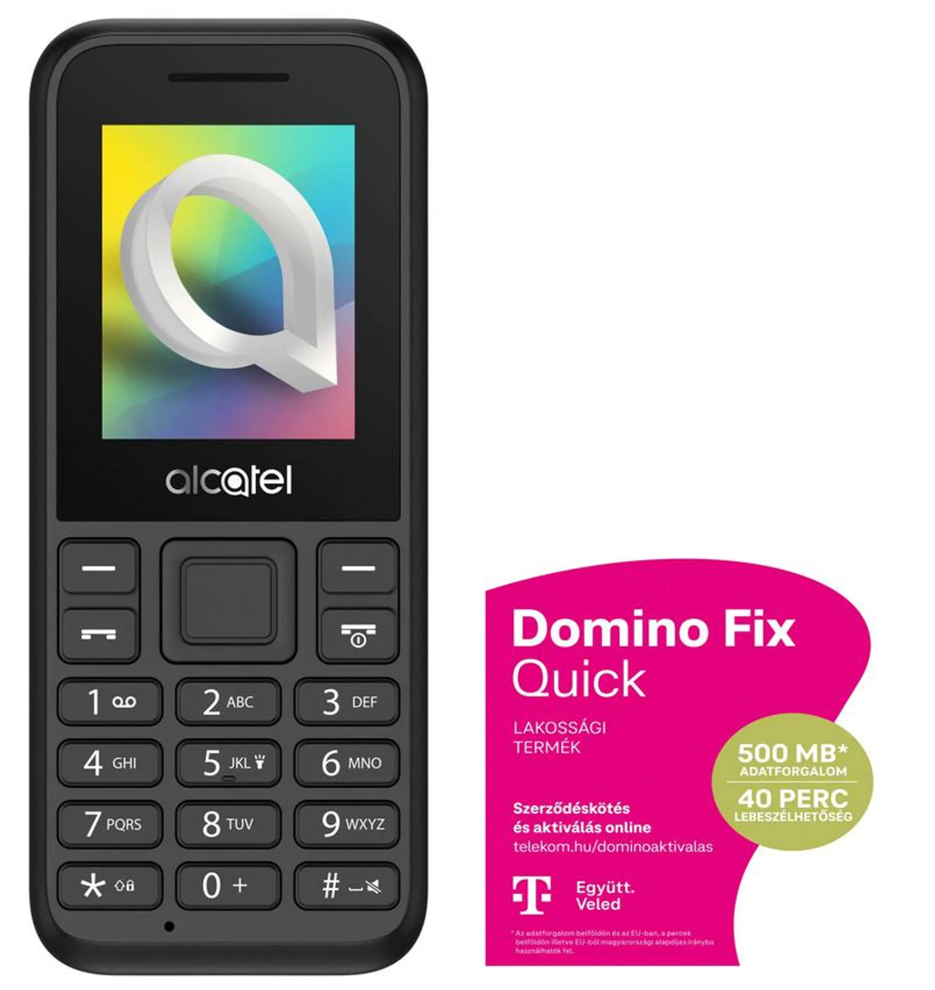 Alcatel 1068 DS (Fekete) kártyafüggetlen mobiltelefon + Telekom Domino Fix Quick 500MB/40M