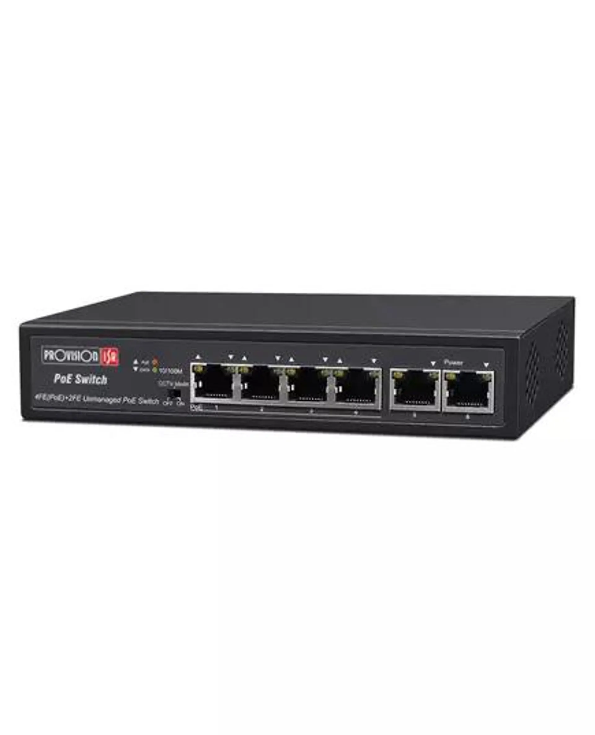 PROVISION-ISR PoE switch, CCTV rendszerekhez, 4+2 portos, 10/100Mbps, 4 letöltési port 4x100Mbps, PoE IEEE 802.3af/at, 2 feltöltési port 2x100Mbps